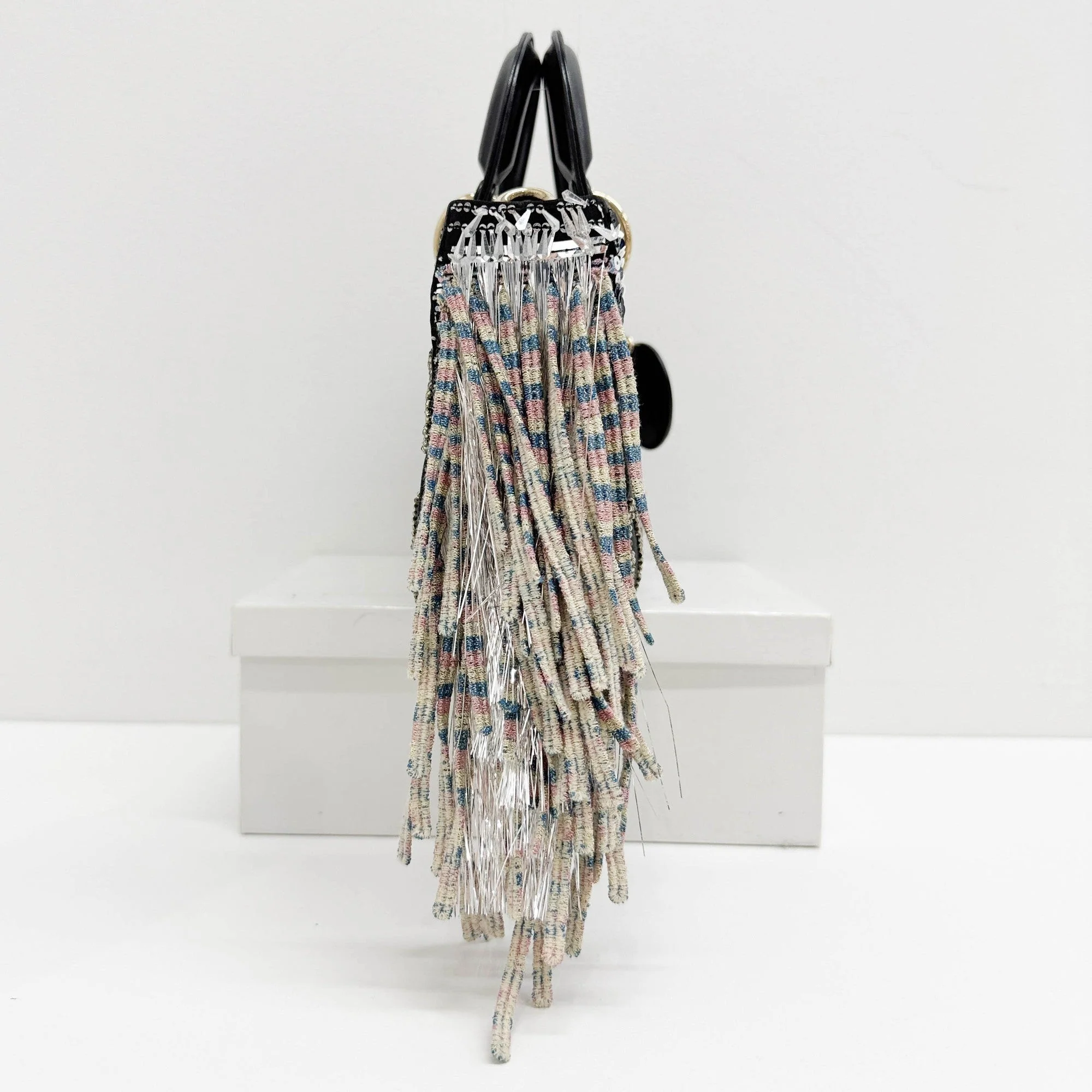 Lady D-Joy Mixed Fringe Beaded Black Satin Two Way Bag - Image 7