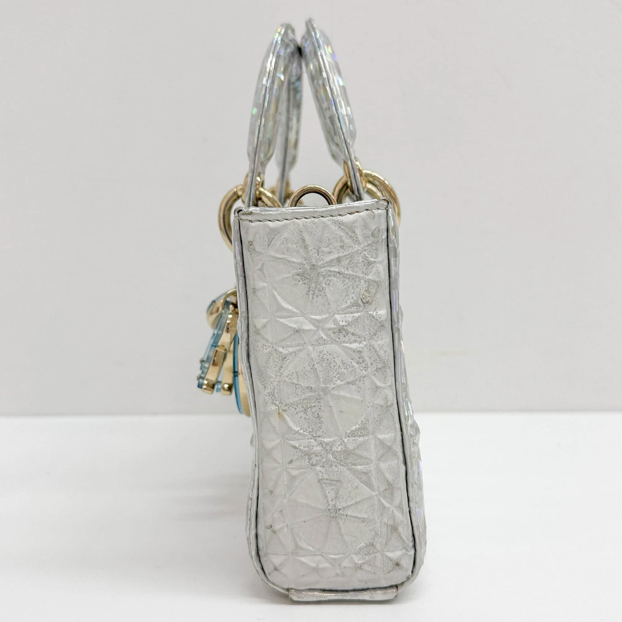 Lady D-Joy Silver Iridescent Diamond Cannage Leather Two Way Bag - Image 7
