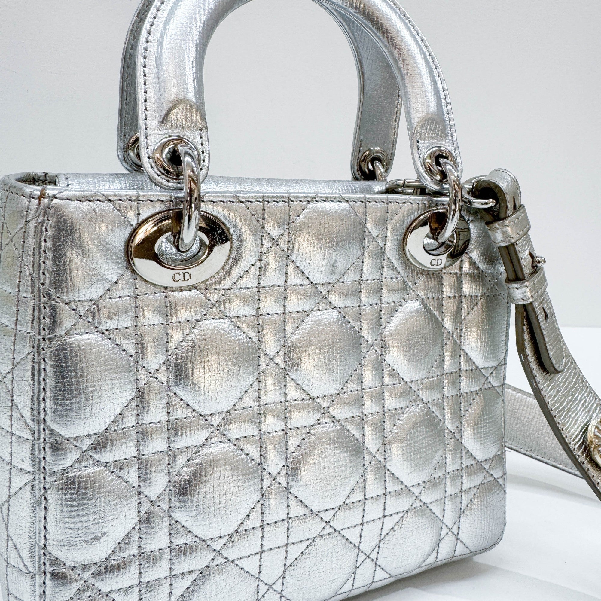 Lady Dior Silver Metallic Leather Two Way Bag - Image 17