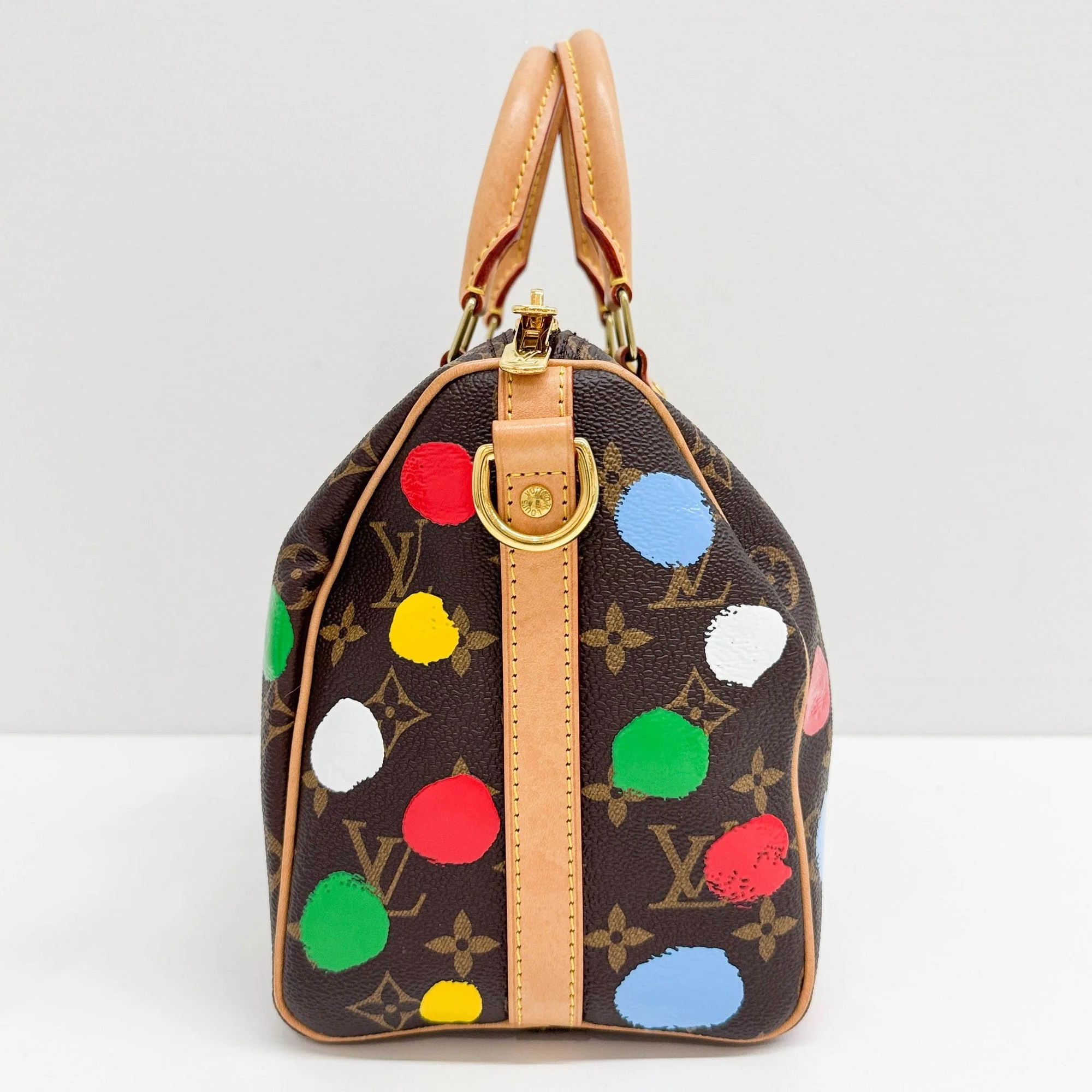 LV x Yayoi Kusama Painted Dots Speedy 25 Brown Monogram Canvas Two Way Bag - Image 5