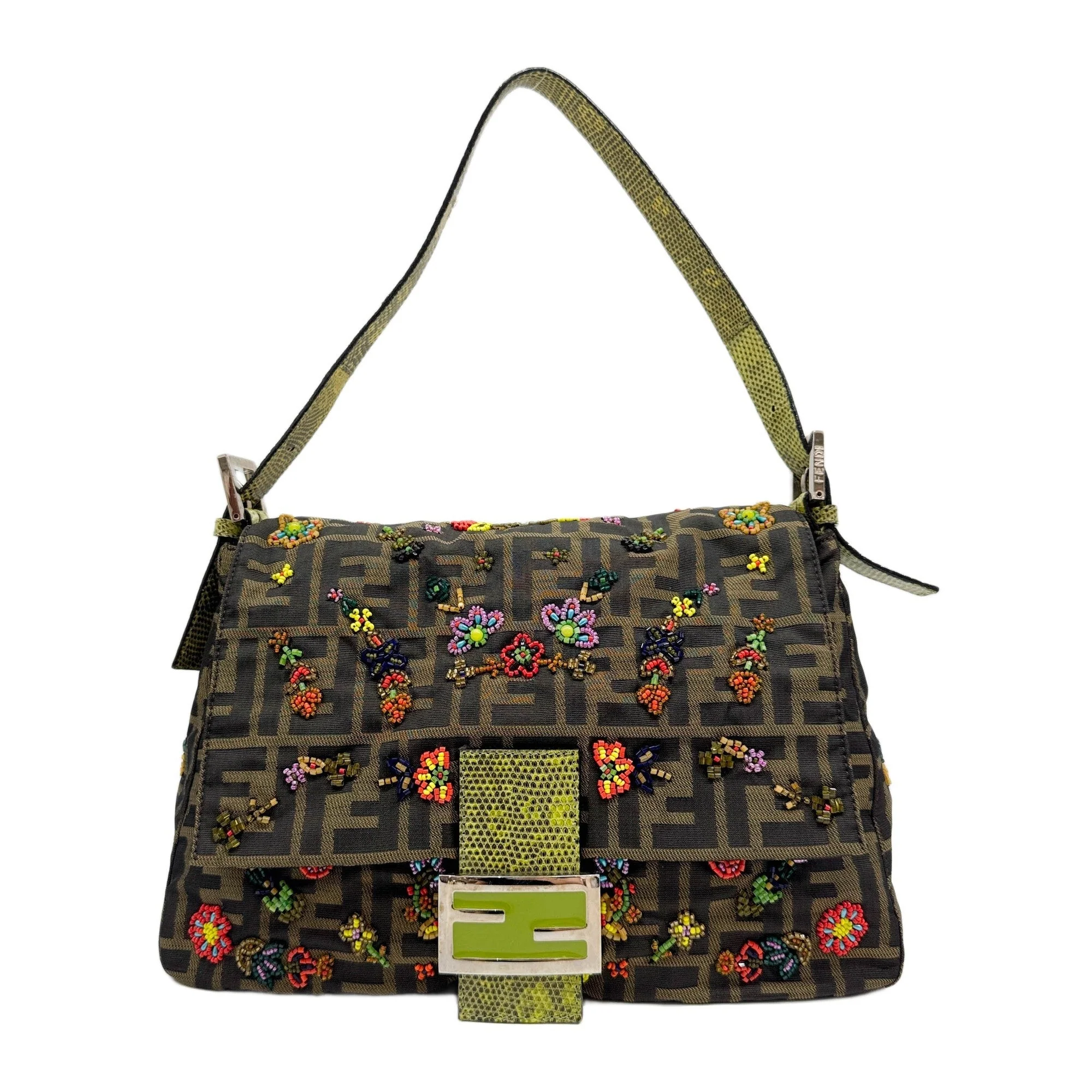 Mamma Baguette Embroidered Bead Flower Design Brown Zucca Canvas Shoulder Bag