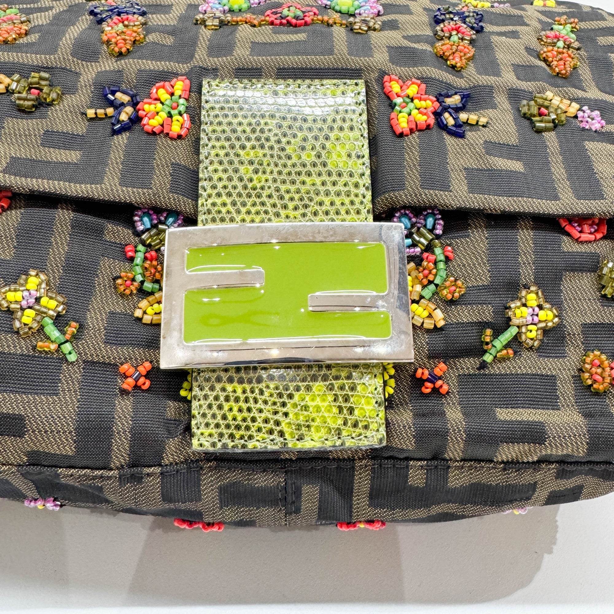 Mamma Baguette Embroidered Bead Flower Design Brown Zucca Canvas Shoulder Bag - Image 15