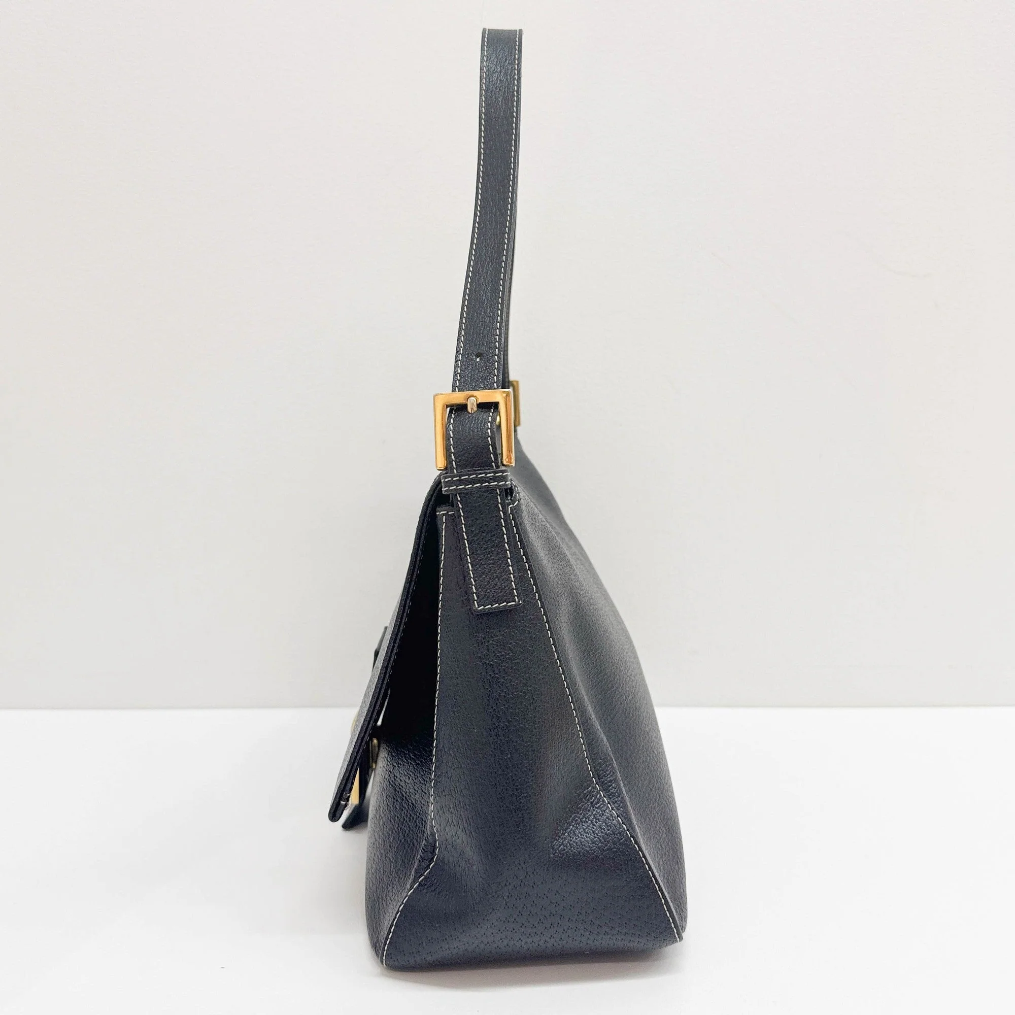 Mamma Baguette in Black Leather and Turquoise Buckle Shoulder Bag - Image 6