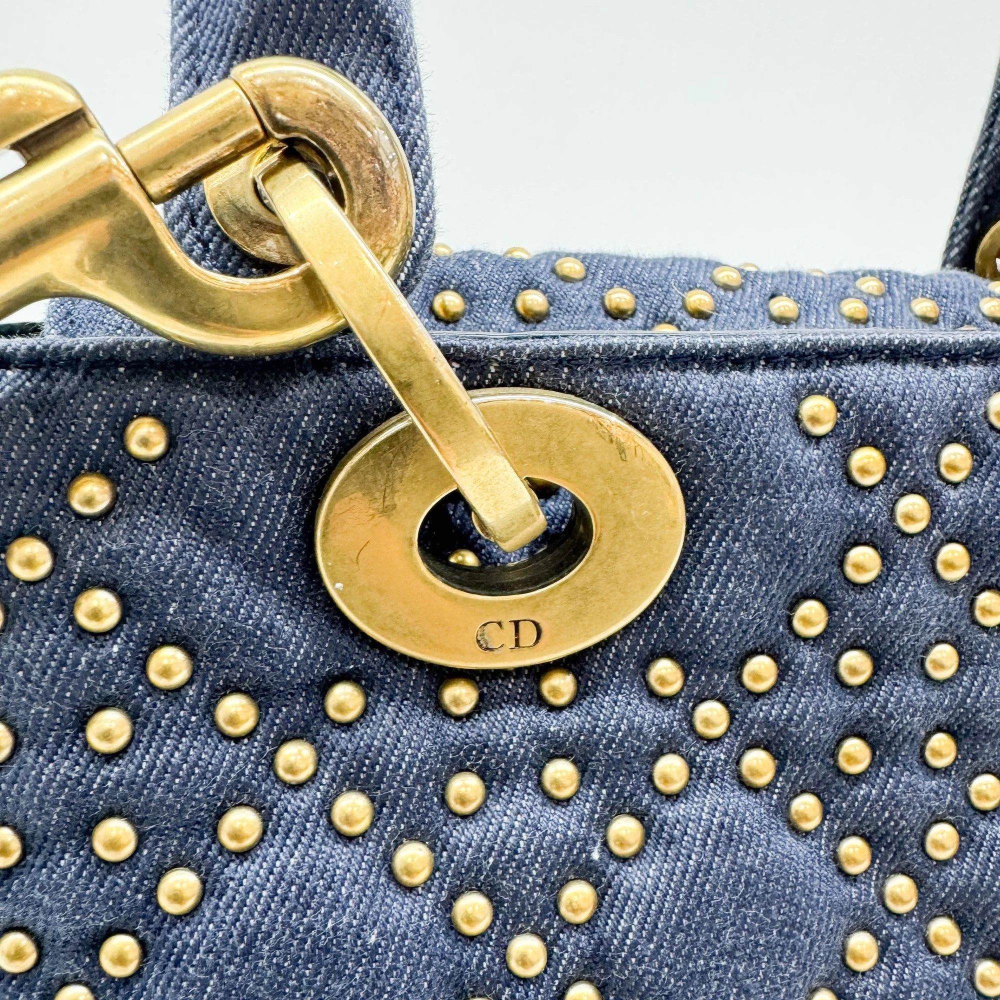 Medium Lady Dior Bag Blue Denim with Gold Studs Cannage Handle Bag - Image 14