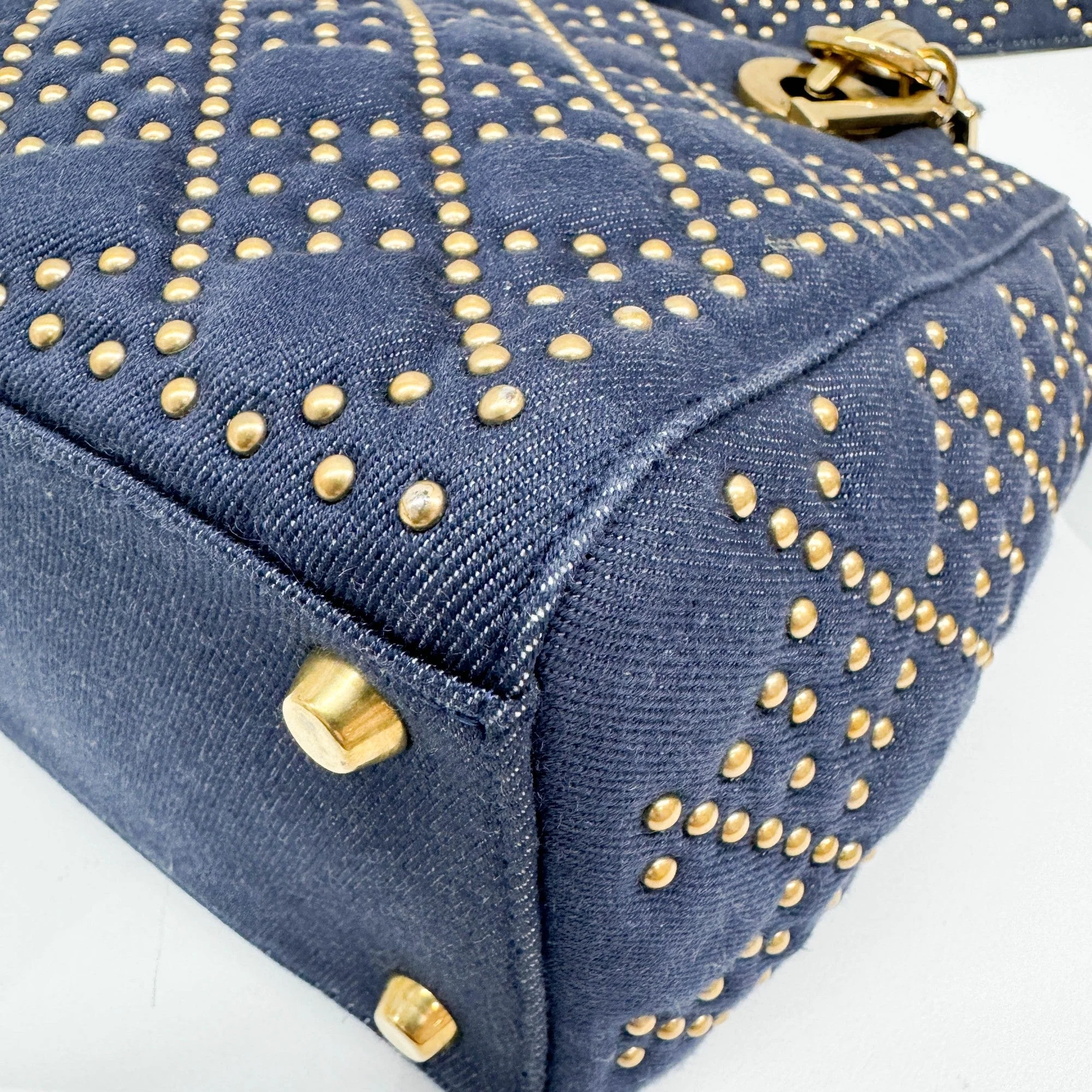 Medium Lady Dior Bag Blue Denim with Gold Studs Cannage Handle Bag - Image 9