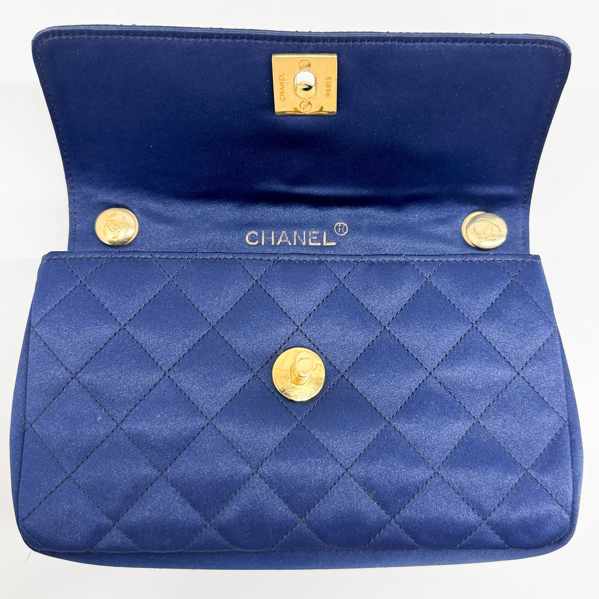 Mini Classic Flap 1986 Gold Hardware Blue Satin Shoulder Bag - Image 16