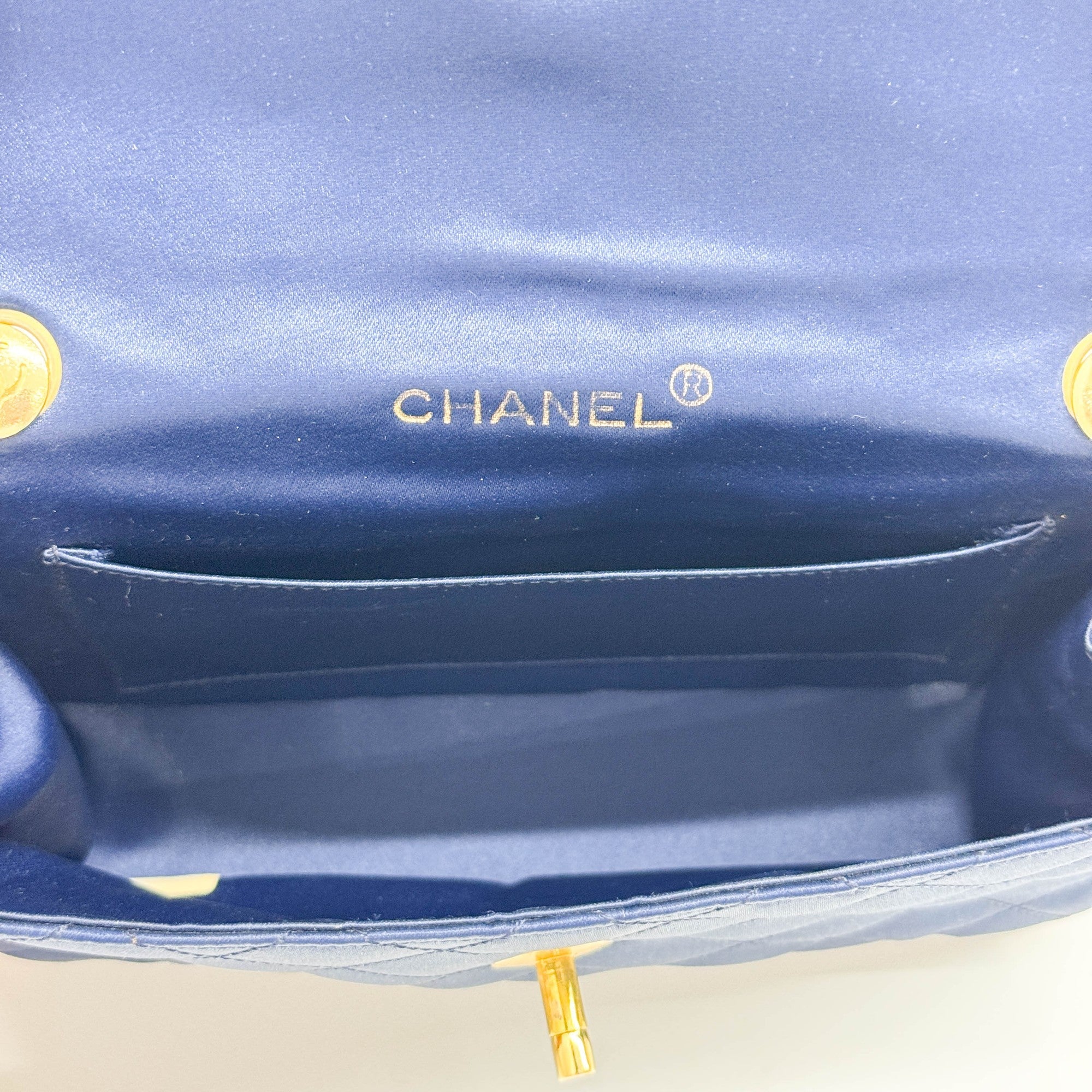 Mini Classic Flap 1986 Gold Hardware Blue Satin Shoulder Bag - Image 17