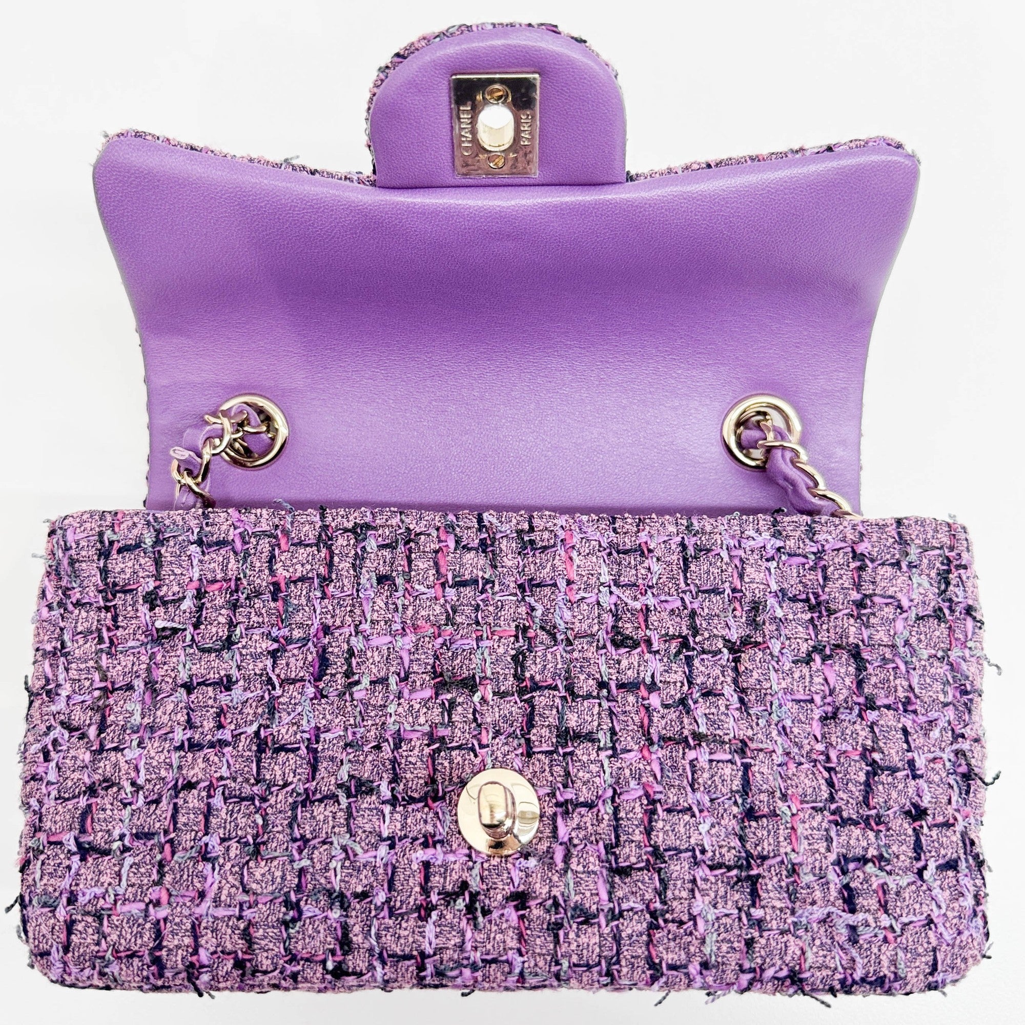 Mini Classic Flap 2021-2026 Matelasse Purple Tweed Shoulder Bag - Image 13