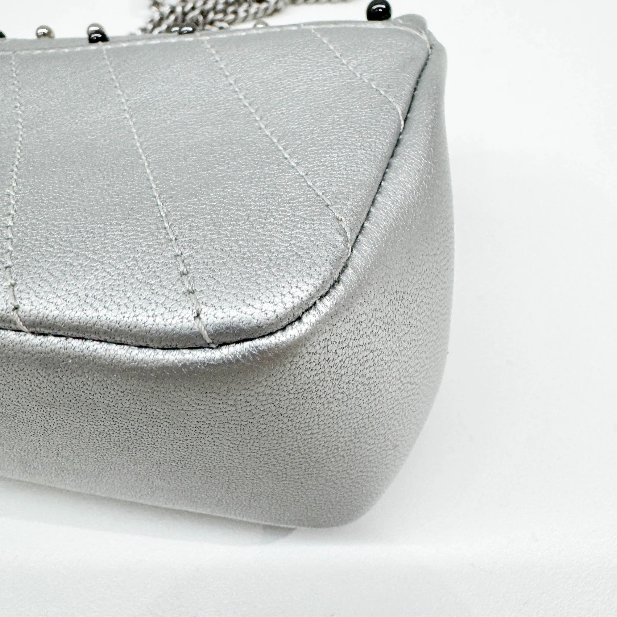 Mini Classic Flap 2017-2018 Bead Embellished Silver Leather Shoulder Bag - Image 10