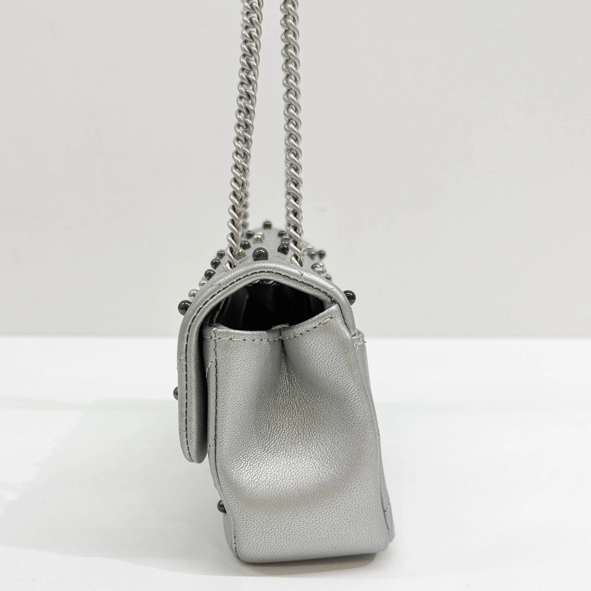 Mini Classic Flap 2017-2018 Bead Embellished Silver Leather Shoulder Bag - Image 4