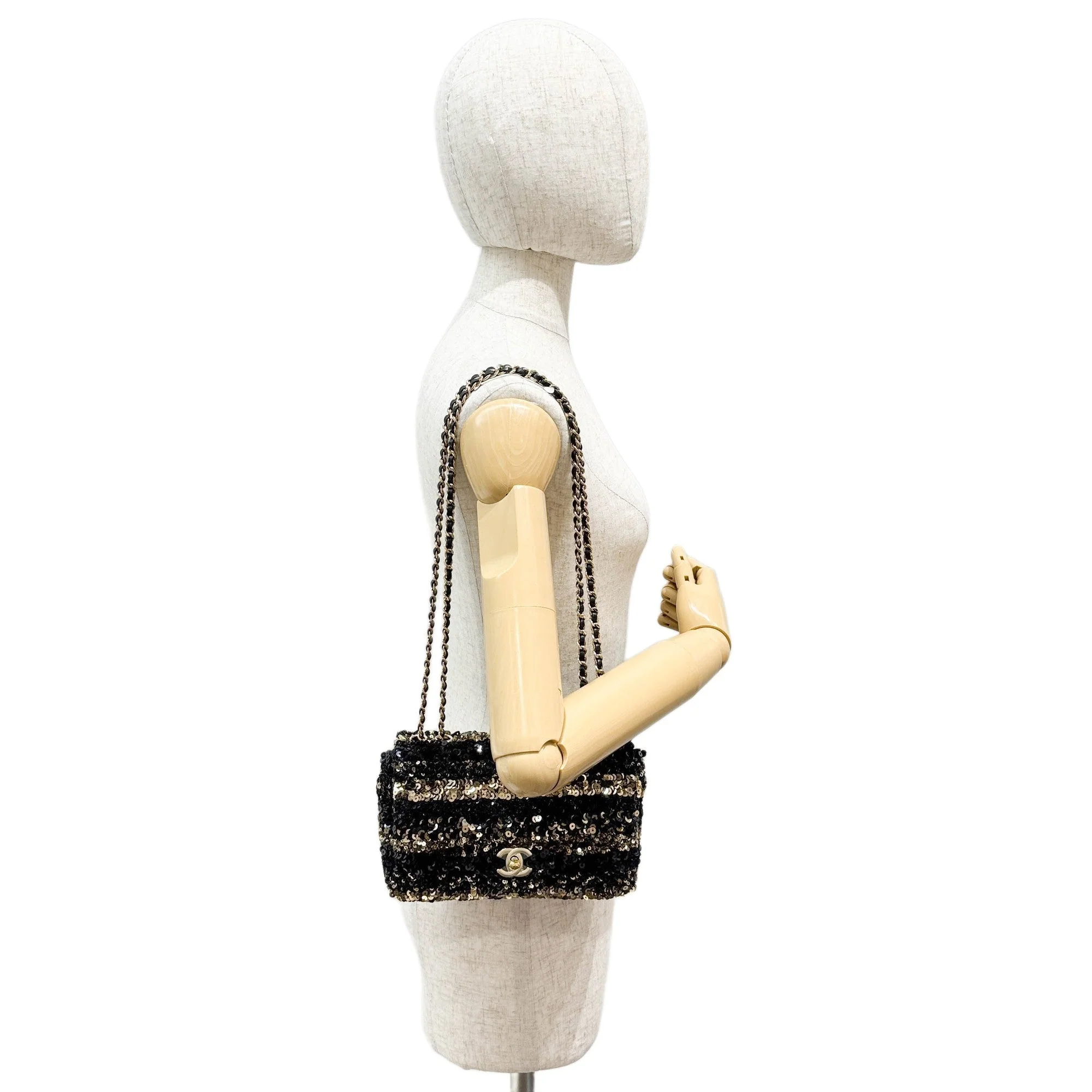 Mini Classic Flap Black and Gold Striped Sequin Shoulder Bag - Image 3