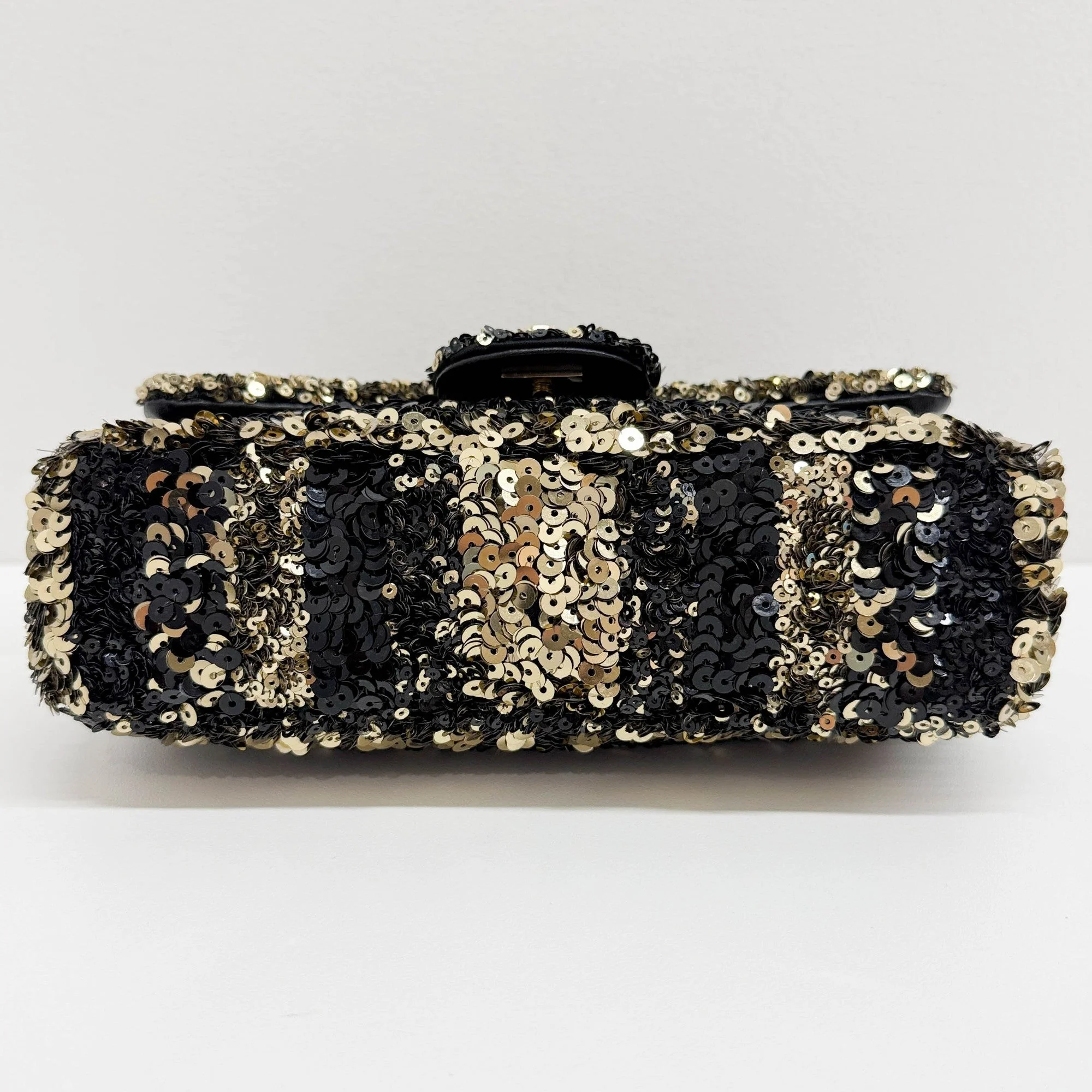 Mini Classic Flap Black and Gold Striped Sequin Shoulder Bag - Image 8