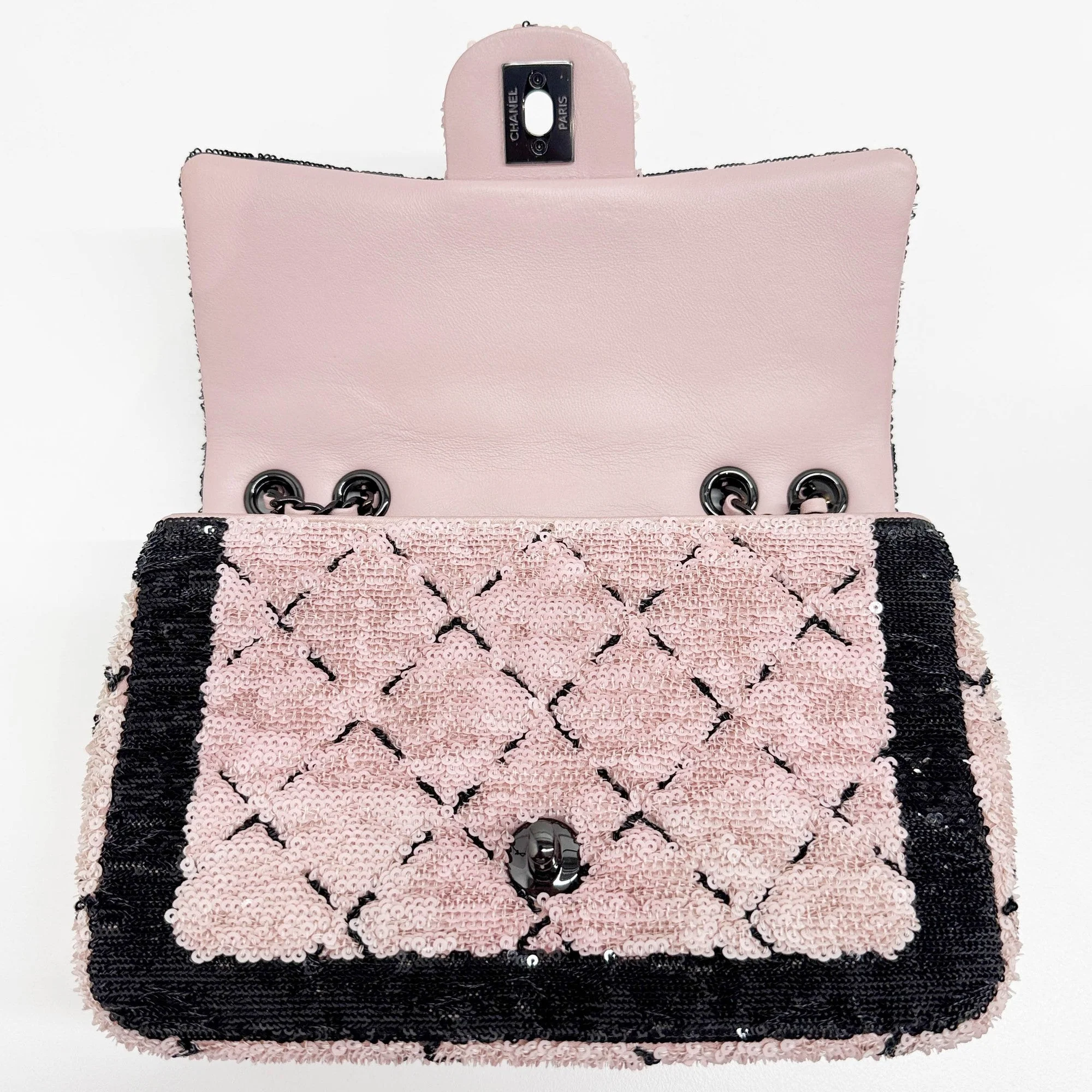 Mini Classic Flap 2021-2026 Black Trim Matelasse Pink Sequin Shoulder Bag - Image 14