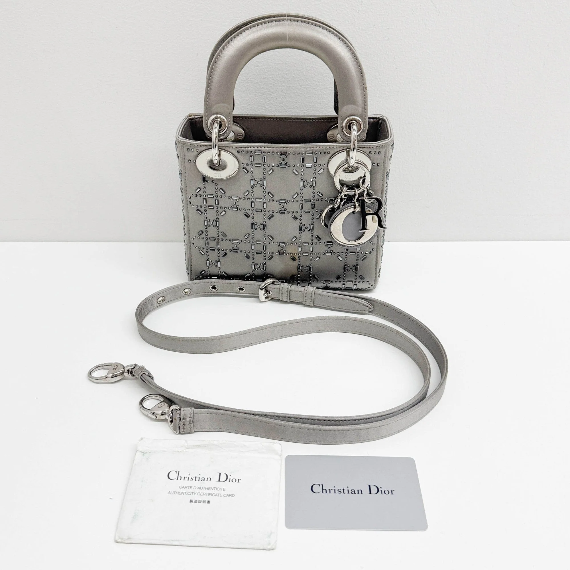 Mini Lady Dior Rhinestone Embedded Gray Satin Two Way Bag - Image 4