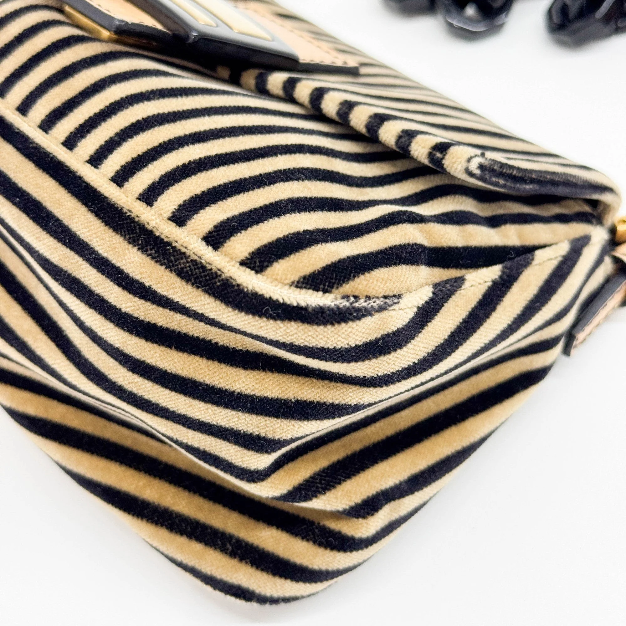 Mini Mamma Baguette Chain Strap Black and Brown Striped Velvet Shoulder Bag - Image 10