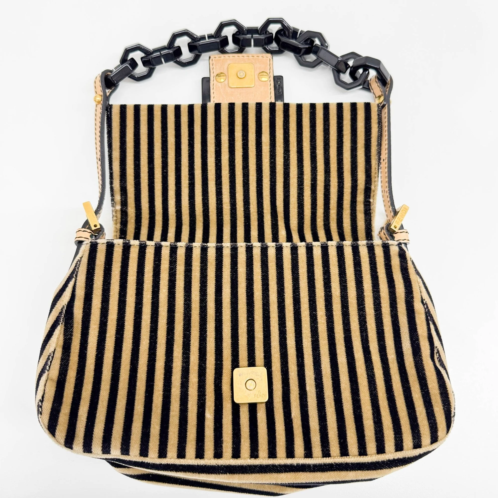 Mini Mamma Baguette Chain Strap Black and Brown Striped Velvet Shoulder Bag - Image 13