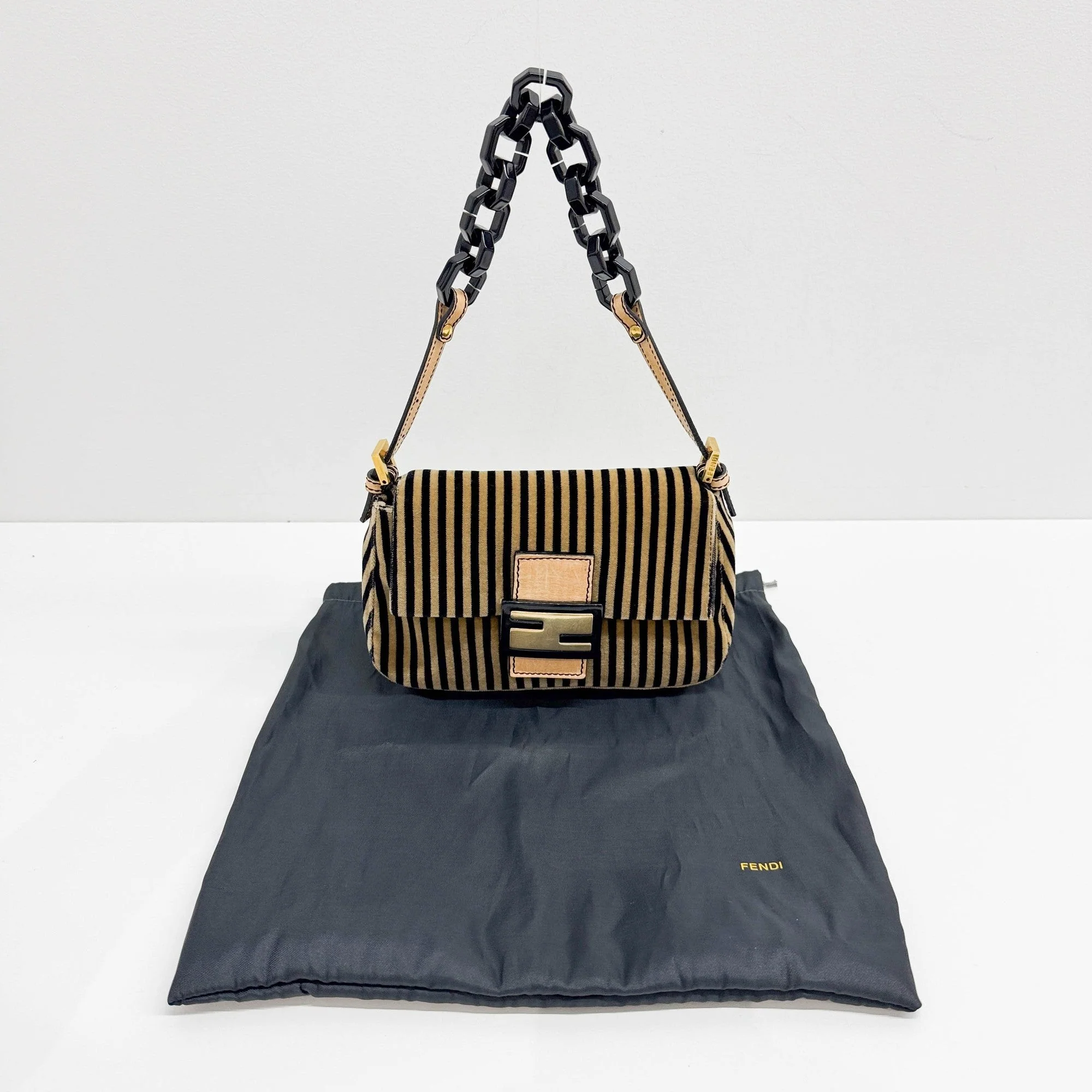 Mini Mamma Baguette Chain Strap Black and Brown Striped Velvet Shoulder Bag - Image 4