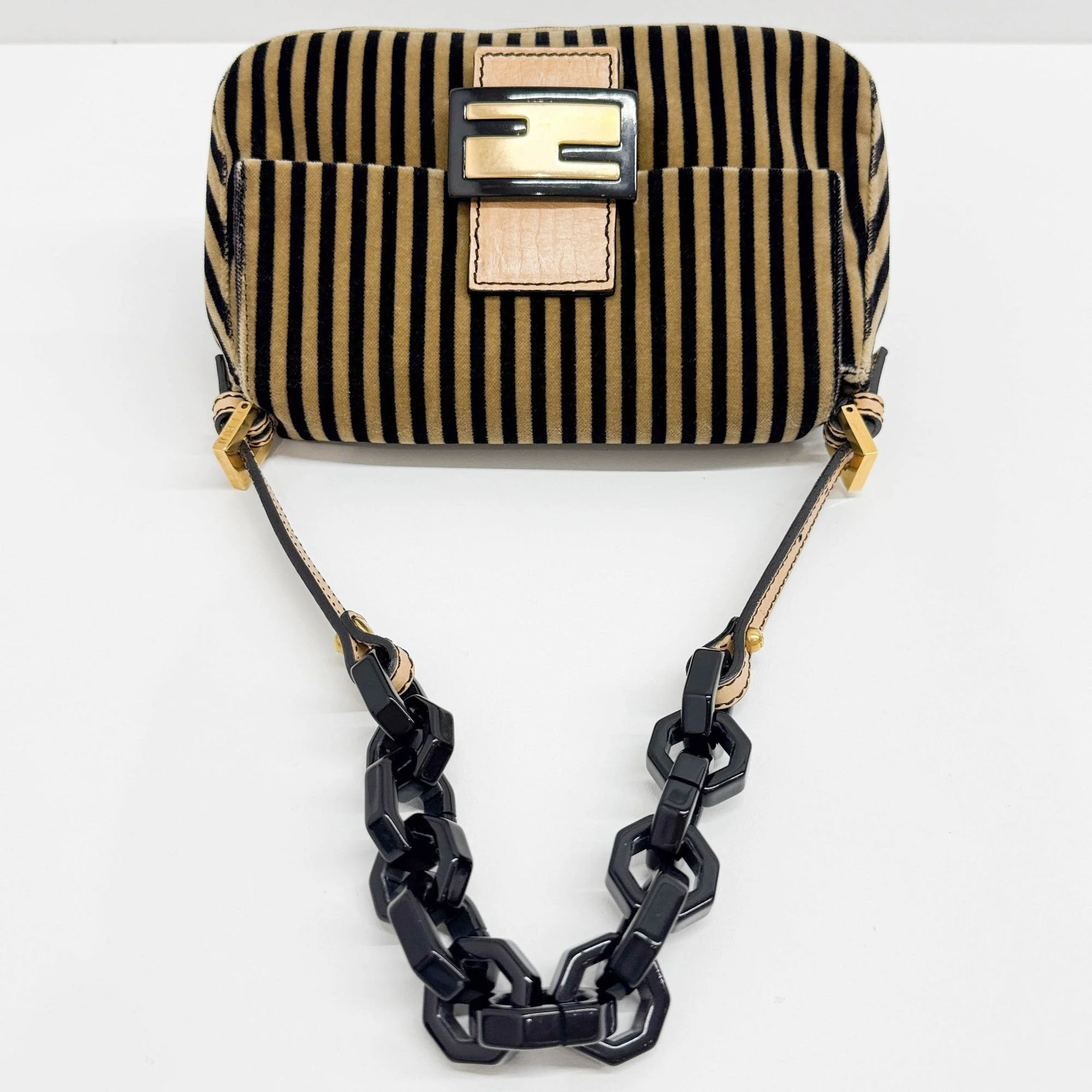 Mini Mamma Baguette Chain Strap Black and Brown Striped Velvet Shoulder Bag - Image 7