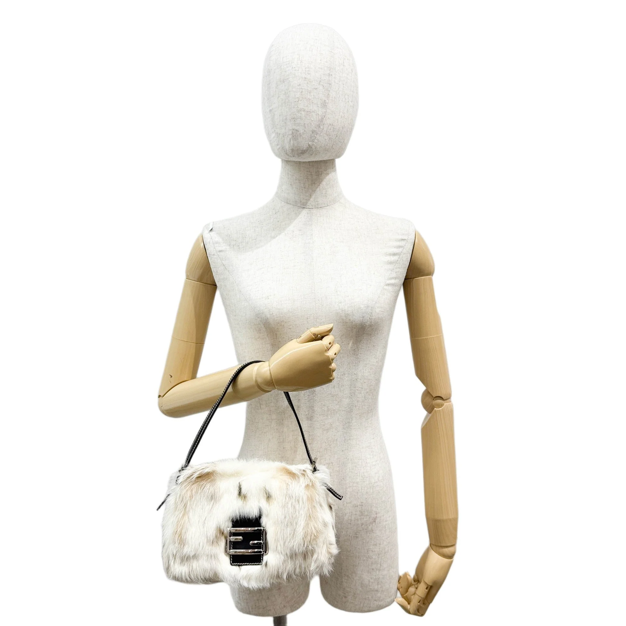 Mini Mamma Baguette Cream Rabbit Print Fur Shoulder Bag - Image 3