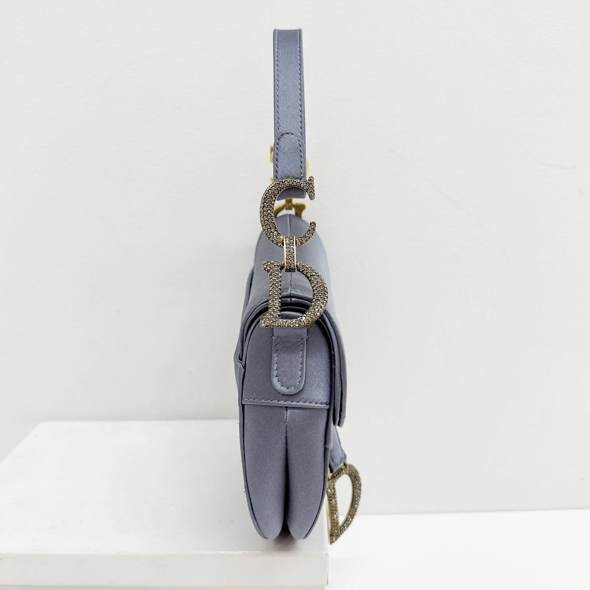 Mini Saddle Crystal Embellished Dusty Blue Satin Shoulder Bag - Image 5