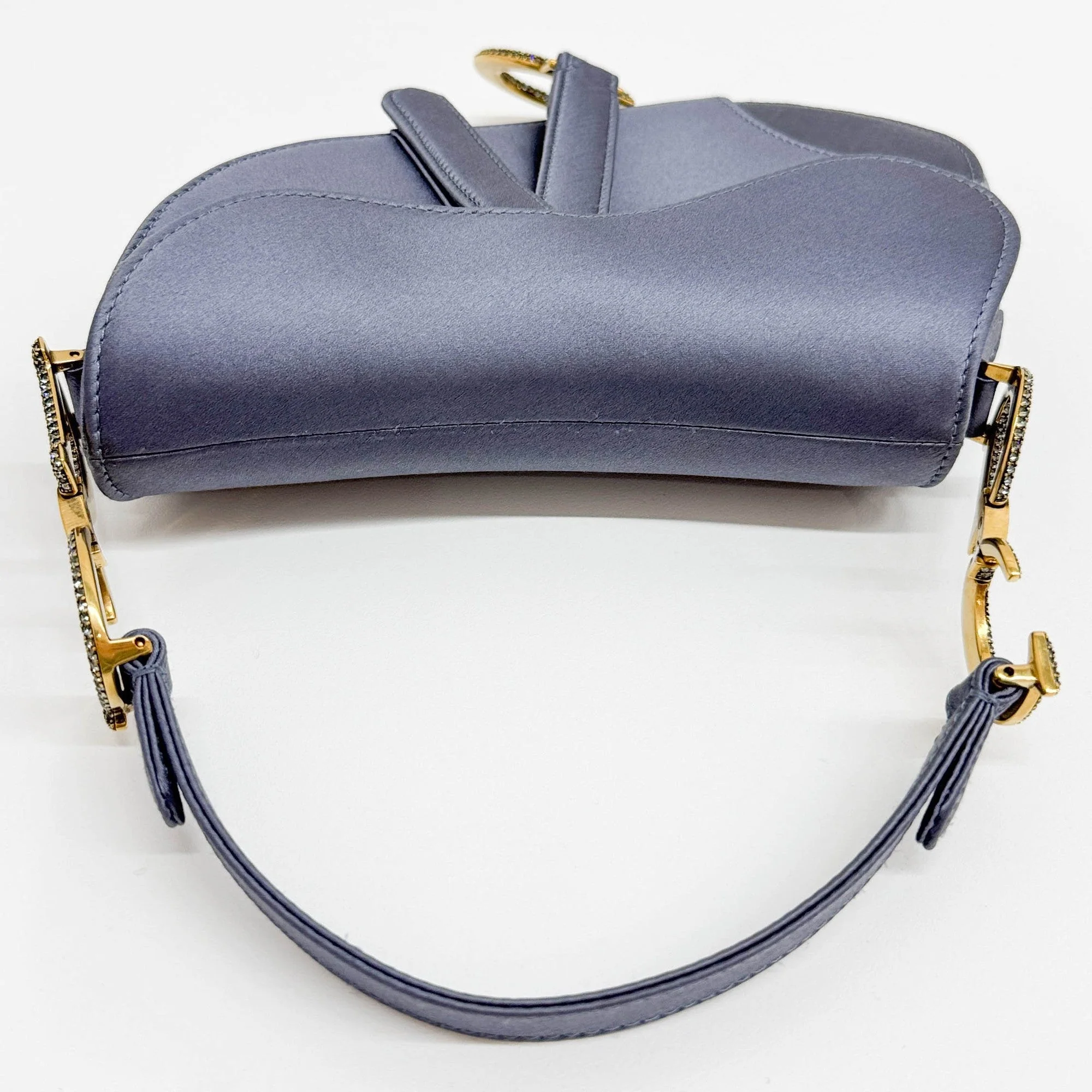 Mini Saddle Crystal Embellished Dusty Blue Satin Shoulder Bag - Image 7