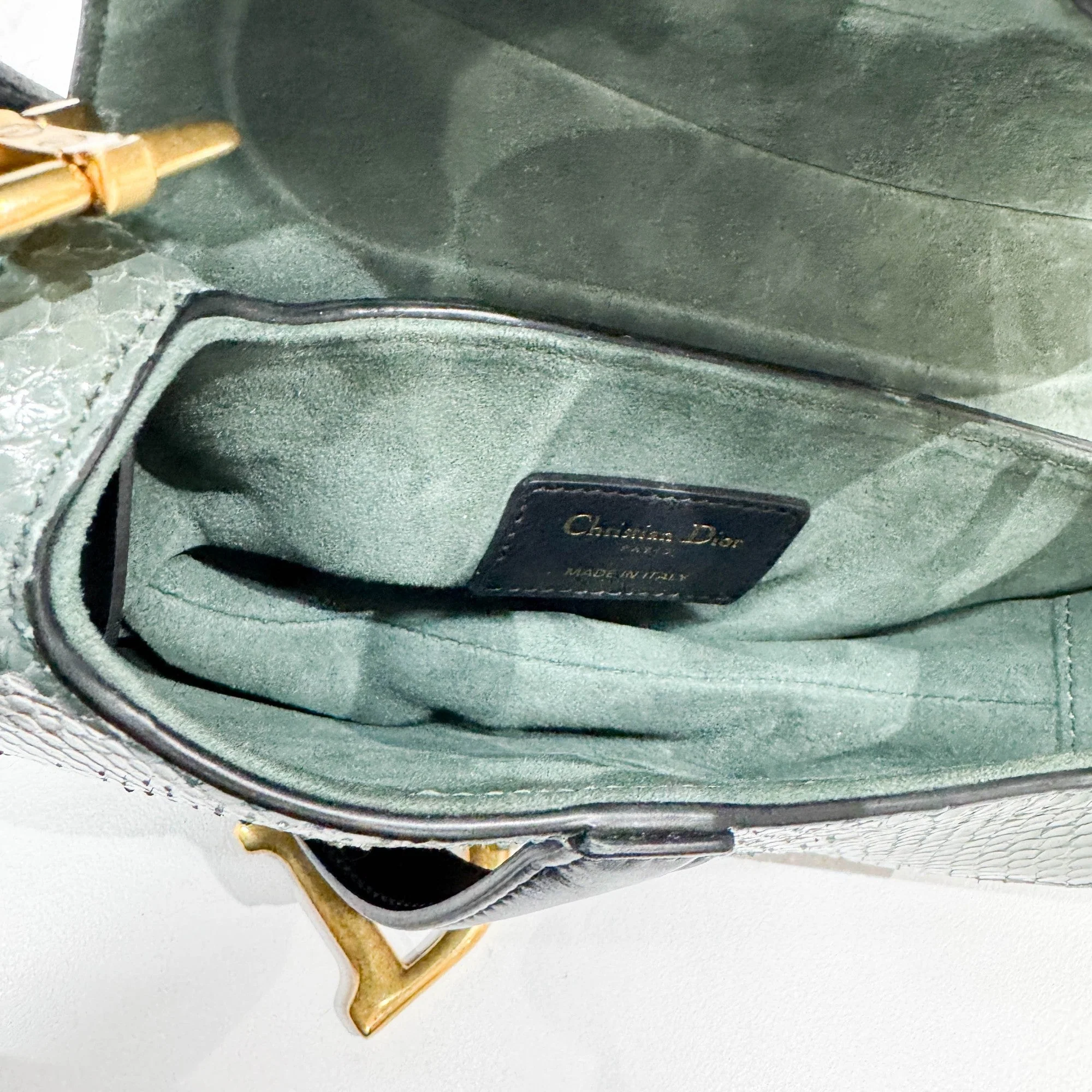 Mini Saddle Embroidered Flap Green Python Embossed Leather Shoulder Bag - Image 12