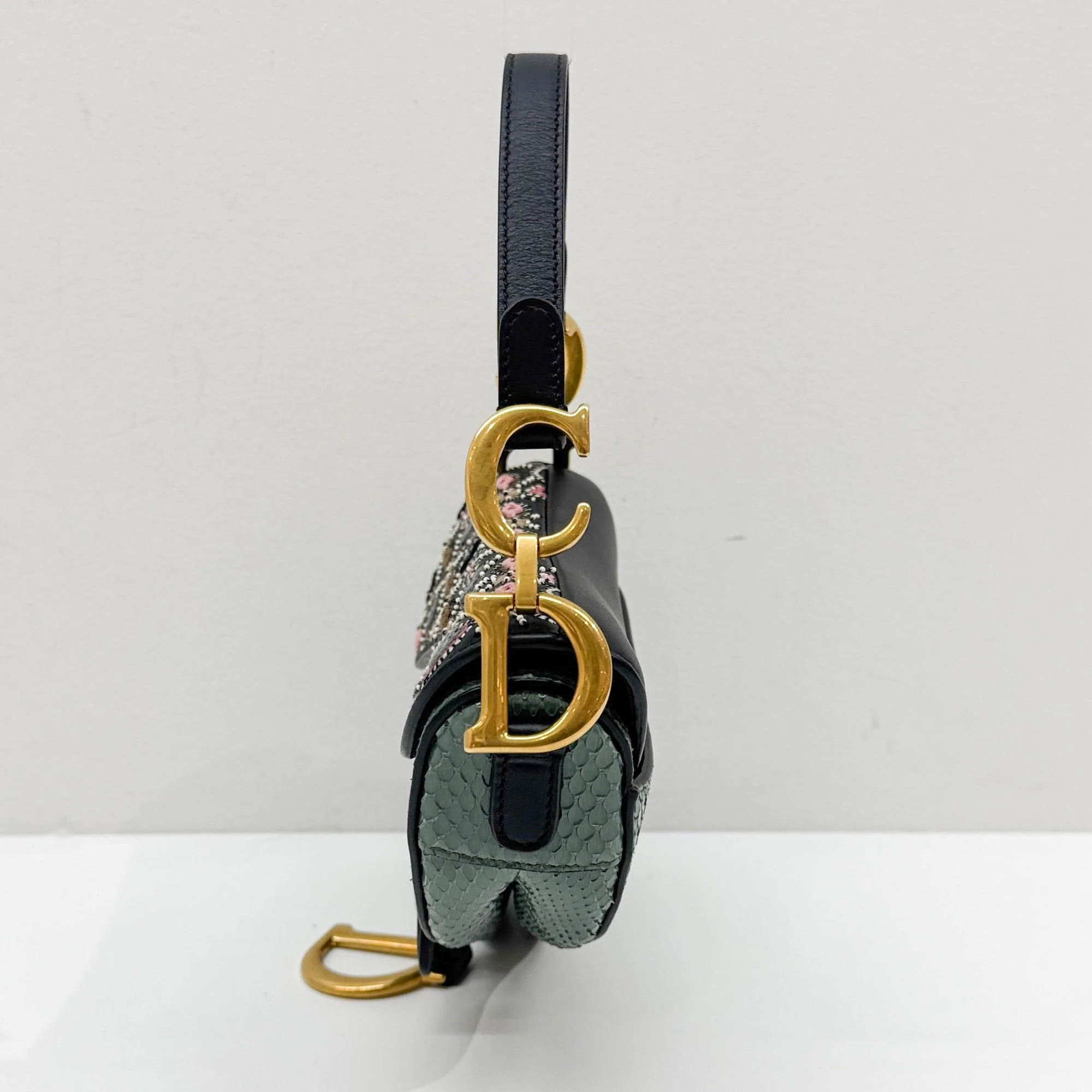 Mini Saddle Embroidered Flap Green Python Embossed Leather Shoulder Bag - Image 4