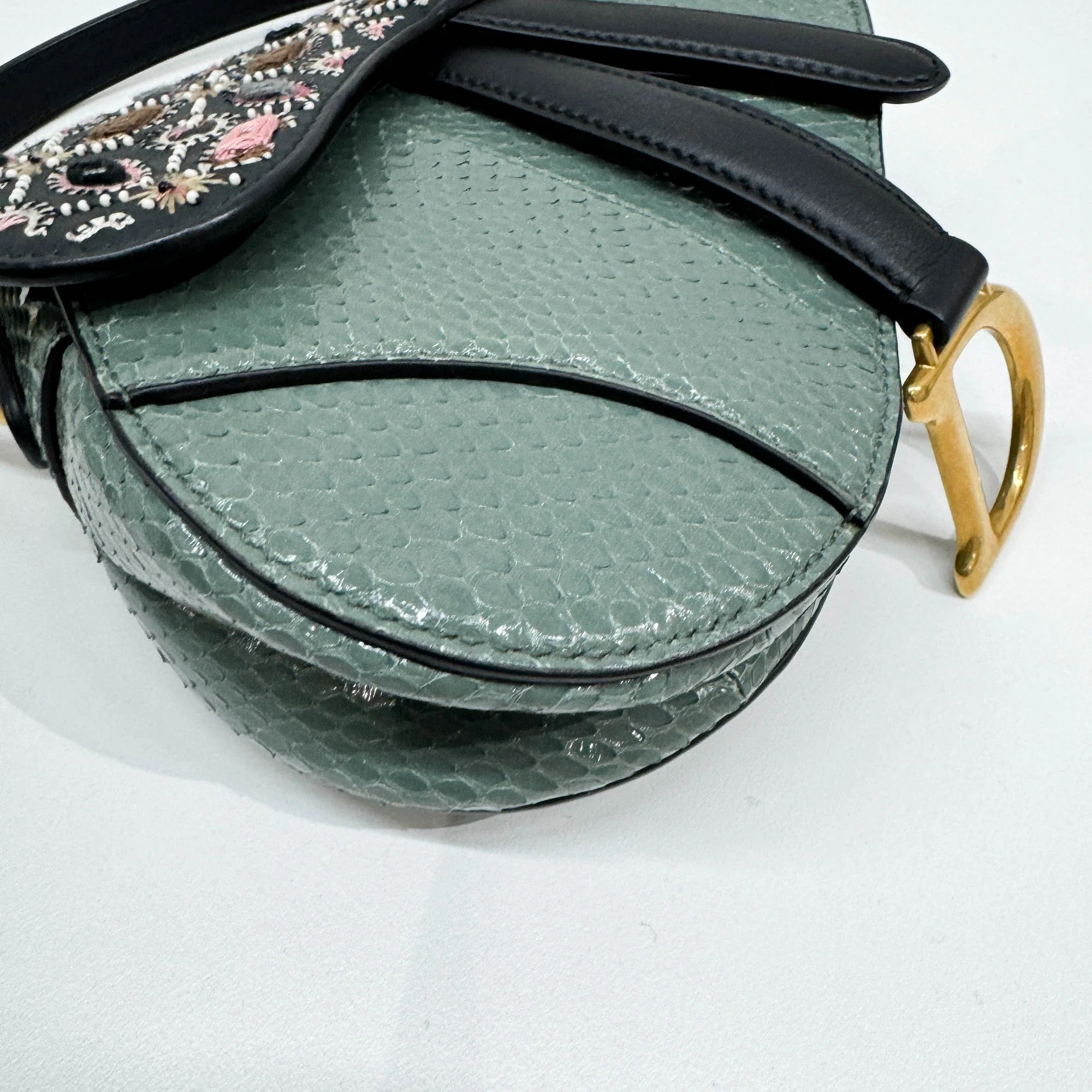 Mini Saddle Embroidered Flap Green Python Embossed Leather Shoulder Bag - Image 8