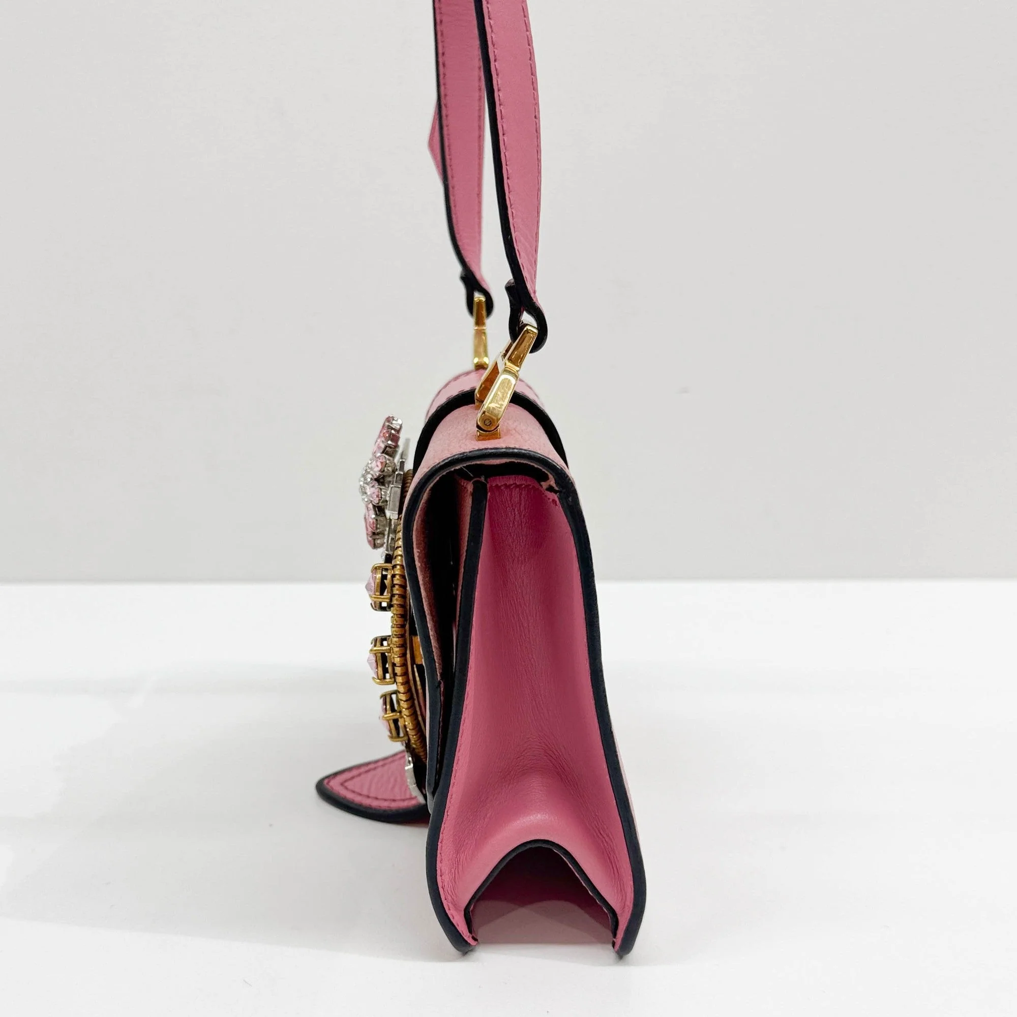 Miu Lady Crystal Embellished Pink Leather Shoulder Bag - Image 4