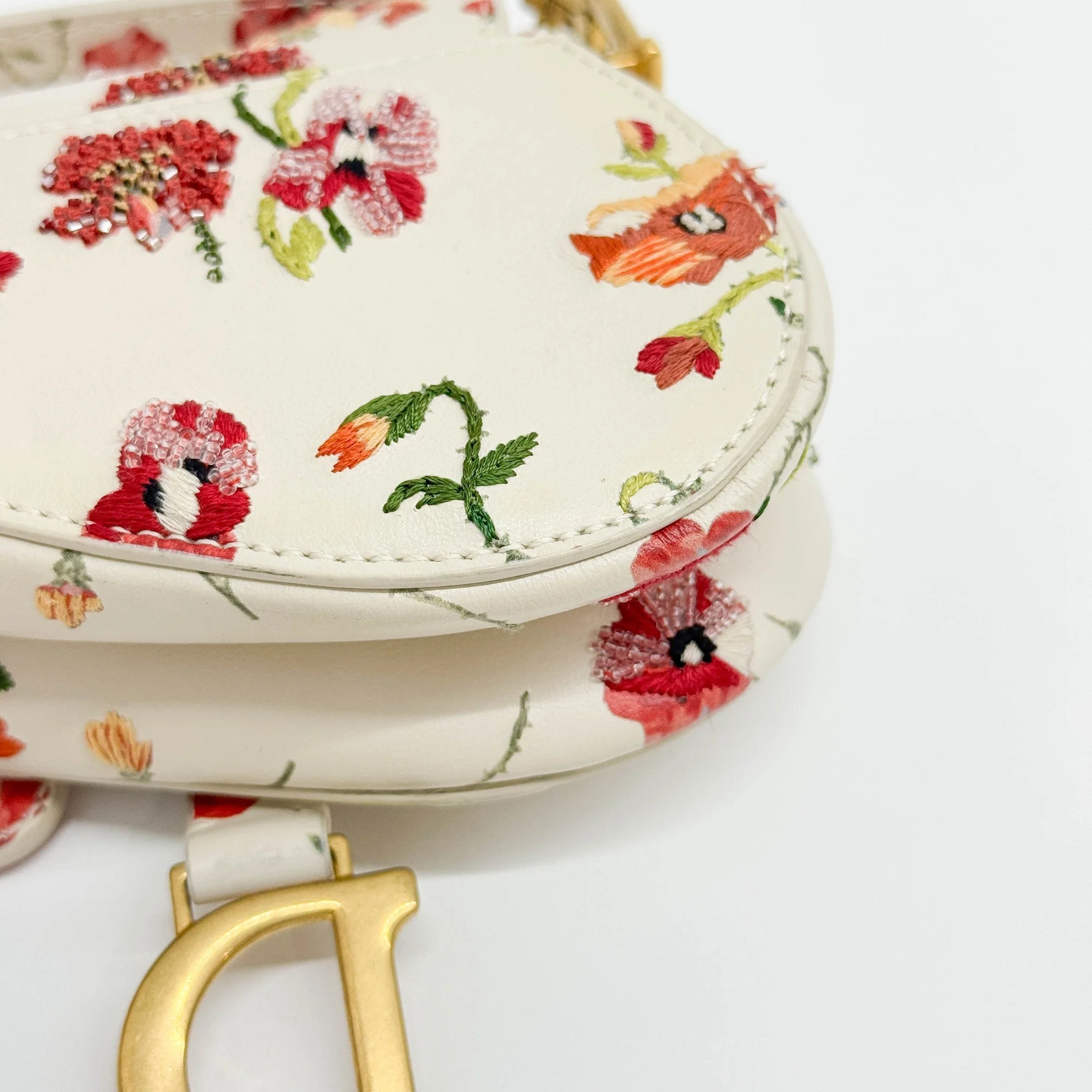Nano Saddle Cream Beige Floral Embroidered Leather Two Way Bag - Image 13