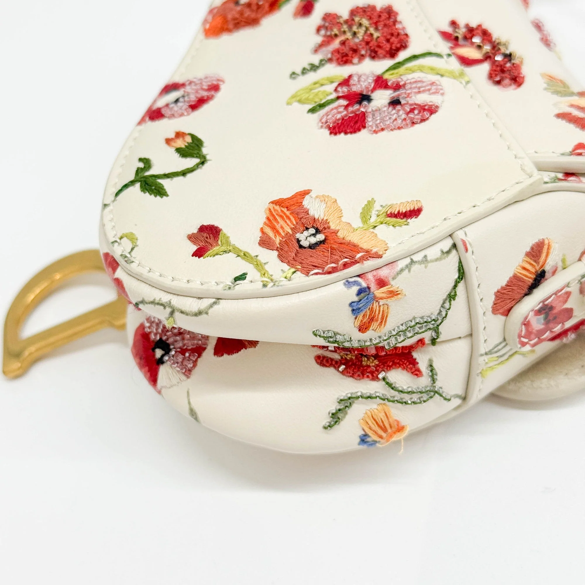 Nano Saddle Cream Beige Floral Embroidered Leather Two Way Bag - Image 14