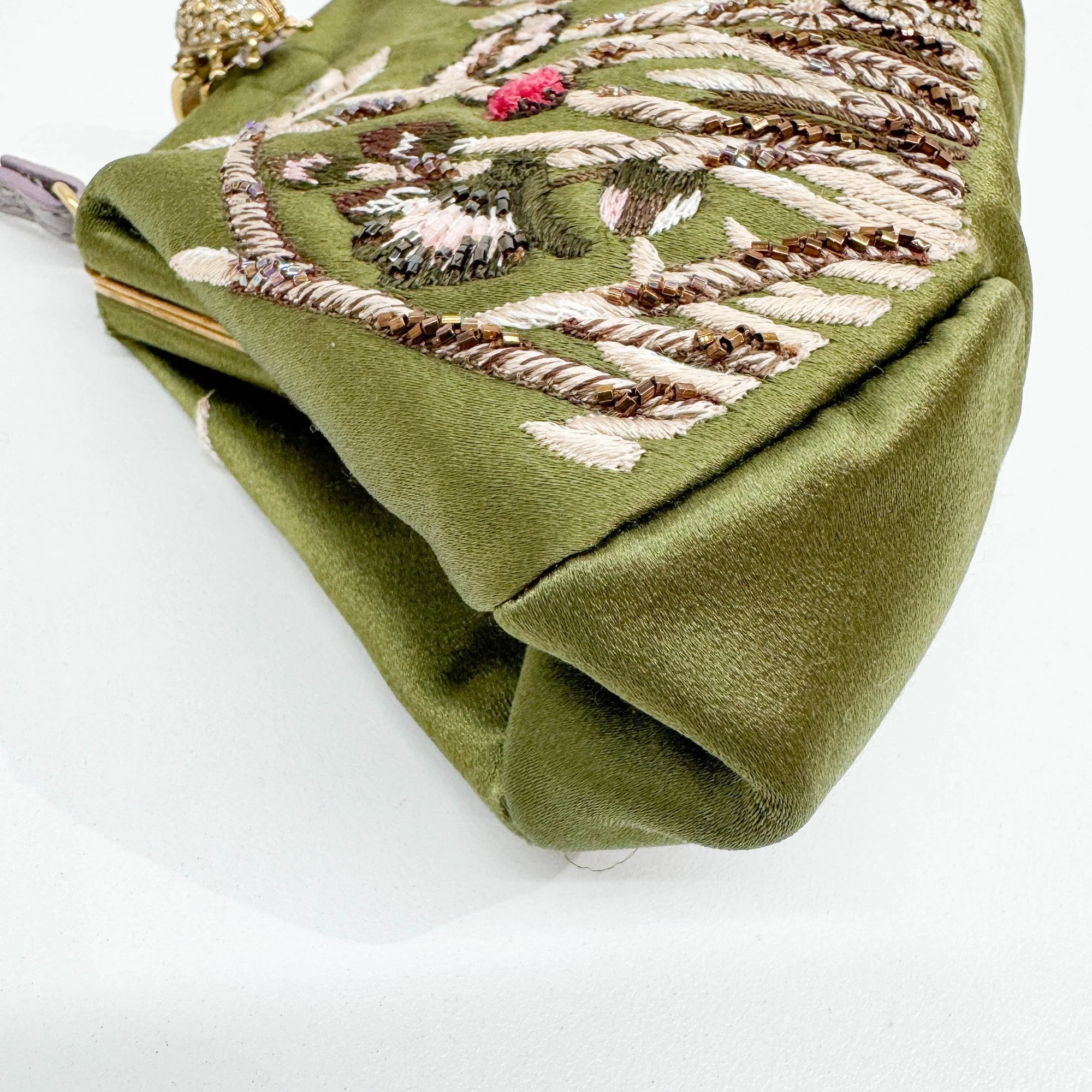 Olive Green Floral Embroidered Satin Hand Bag - Image 12