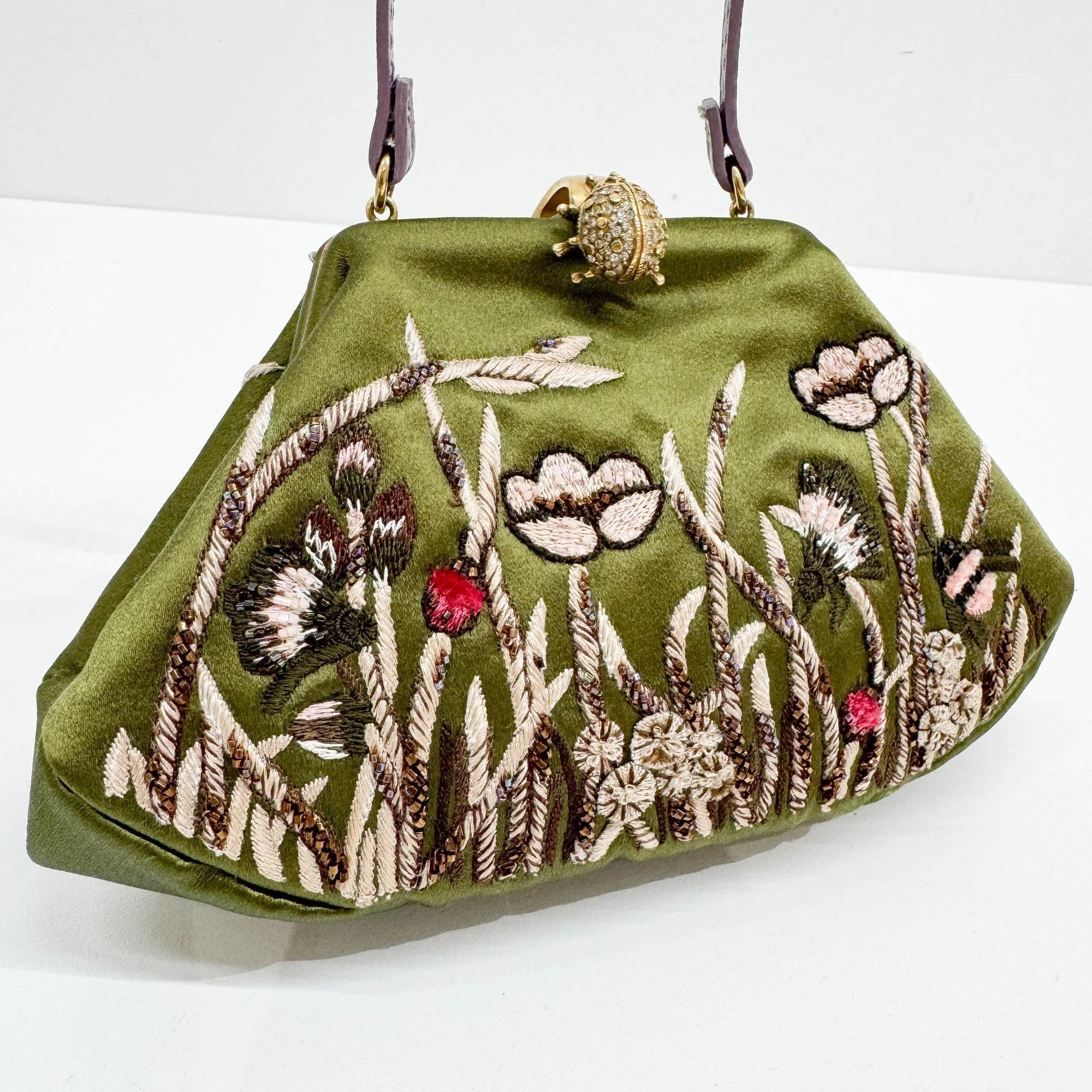Olive Green Floral Embroidered Satin Hand Bag - Image 15