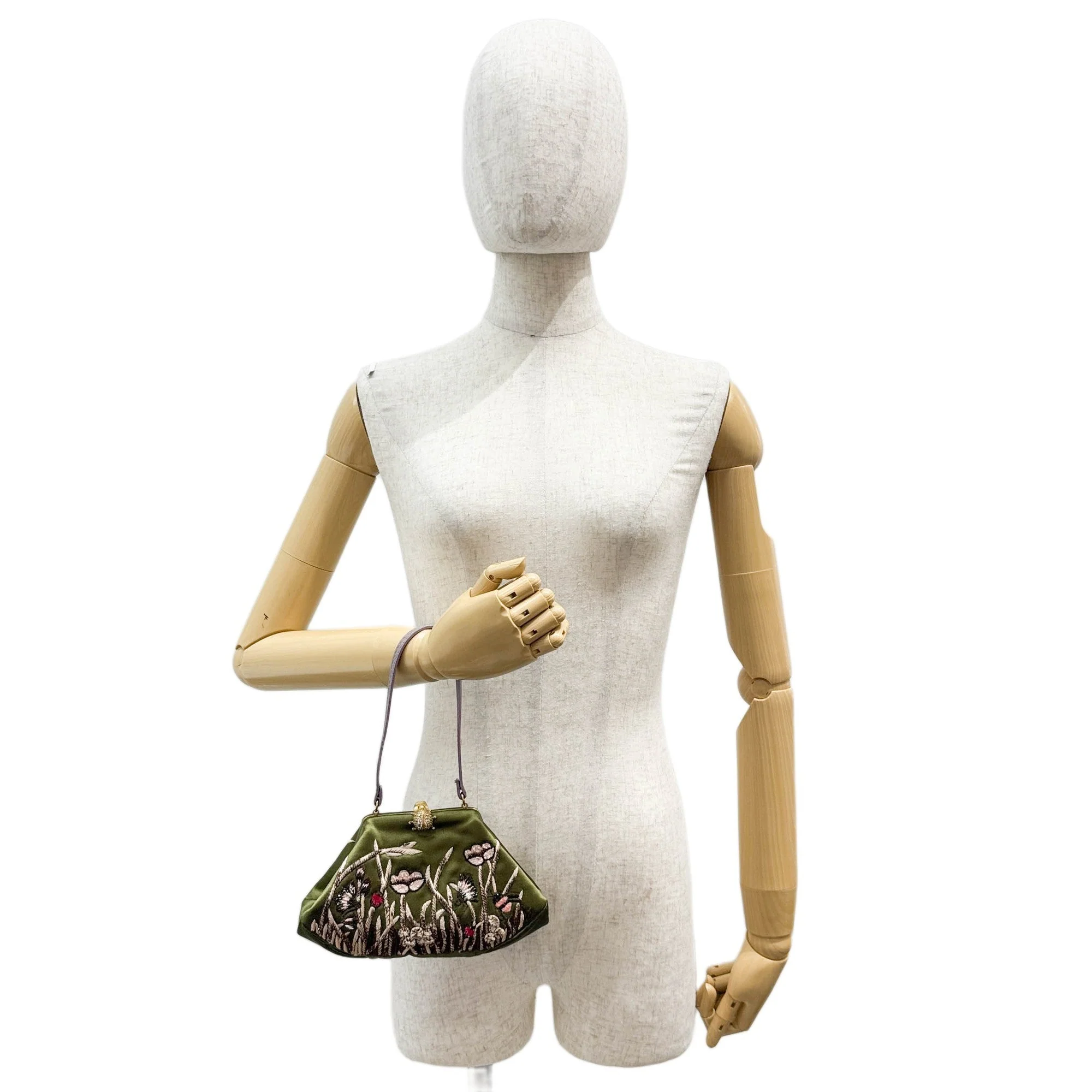 Olive Green Floral Embroidered Satin Hand Bag - Image 3