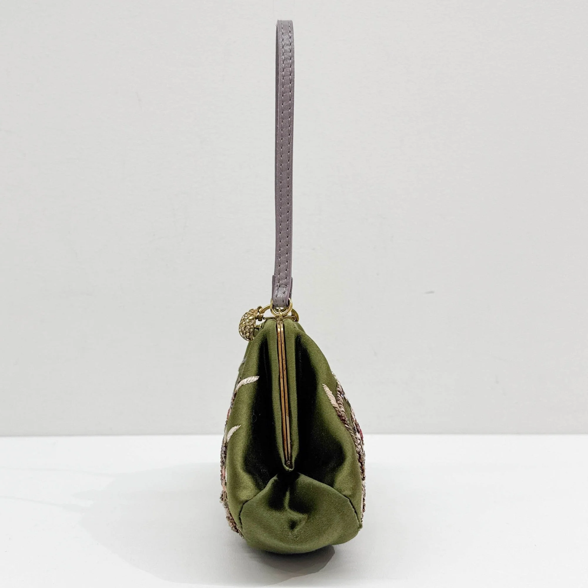 Olive Green Floral Embroidered Satin Hand Bag - Image 6