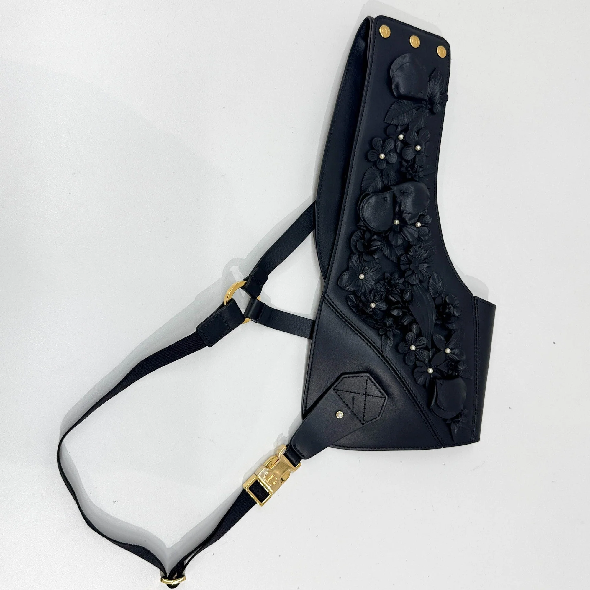 One Size Floral Applique Black Leather Harness - Image 9