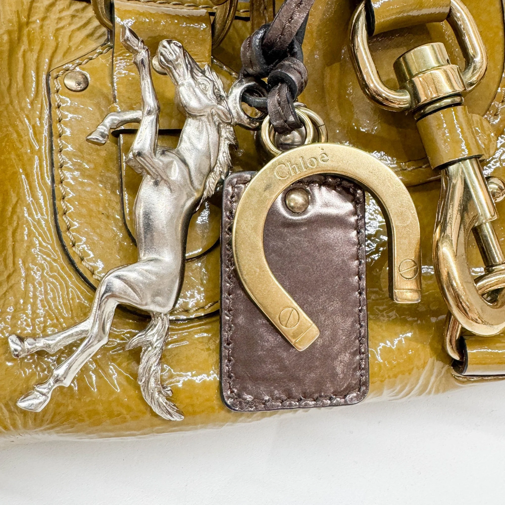 Paddington Horse Charm Ocher Brown Patent Leather Shoulder Bag - Image 15
