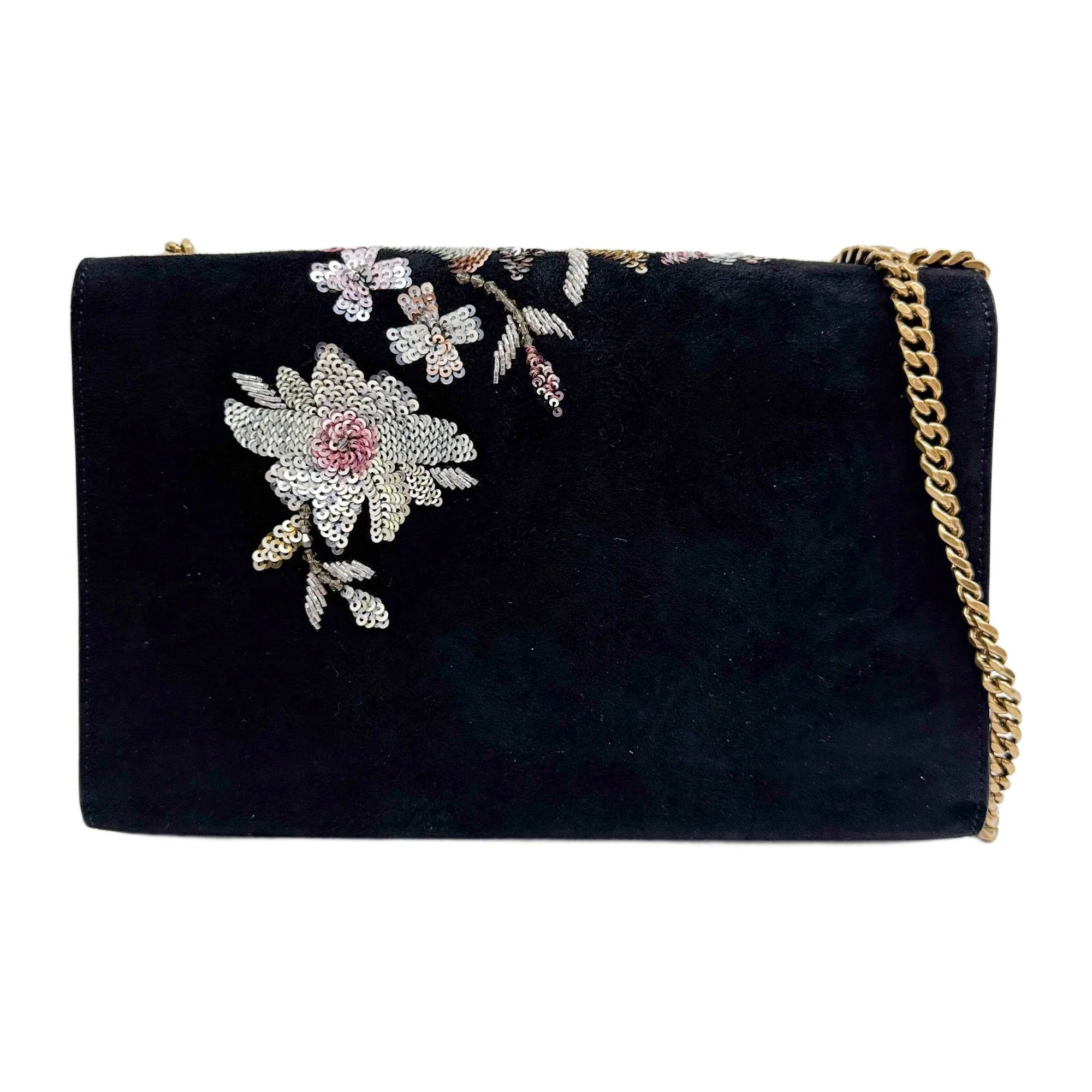 Paris Black Suede with Flower Sequin Embroidery Chain Shouder Bag - Image 2