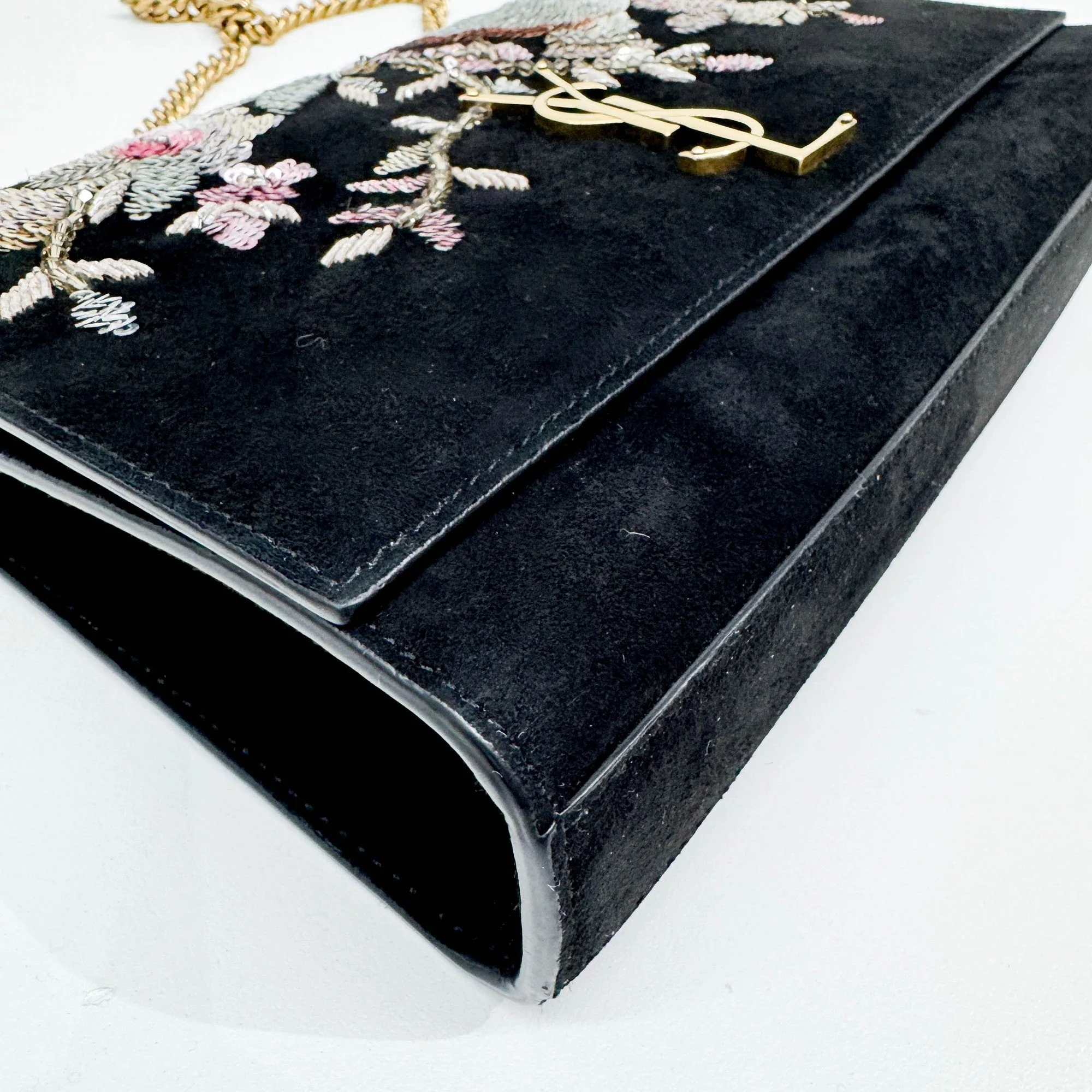 Paris Black Suede with Flower Sequin Embroidery Chain Shouder Bag - Image 8
