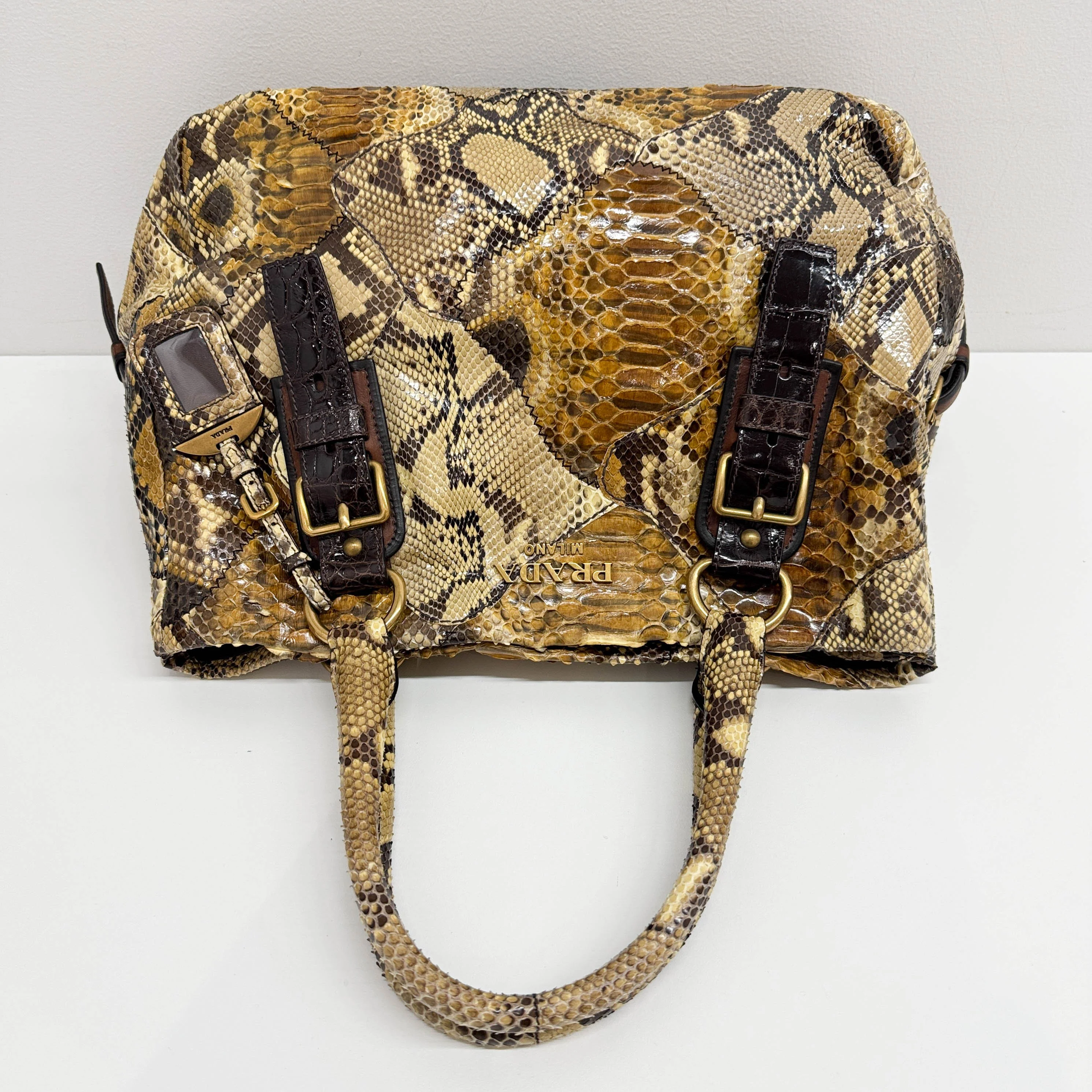 Patchwork Brown Python Print Embossed Leather Shoulder Bag - Image 7