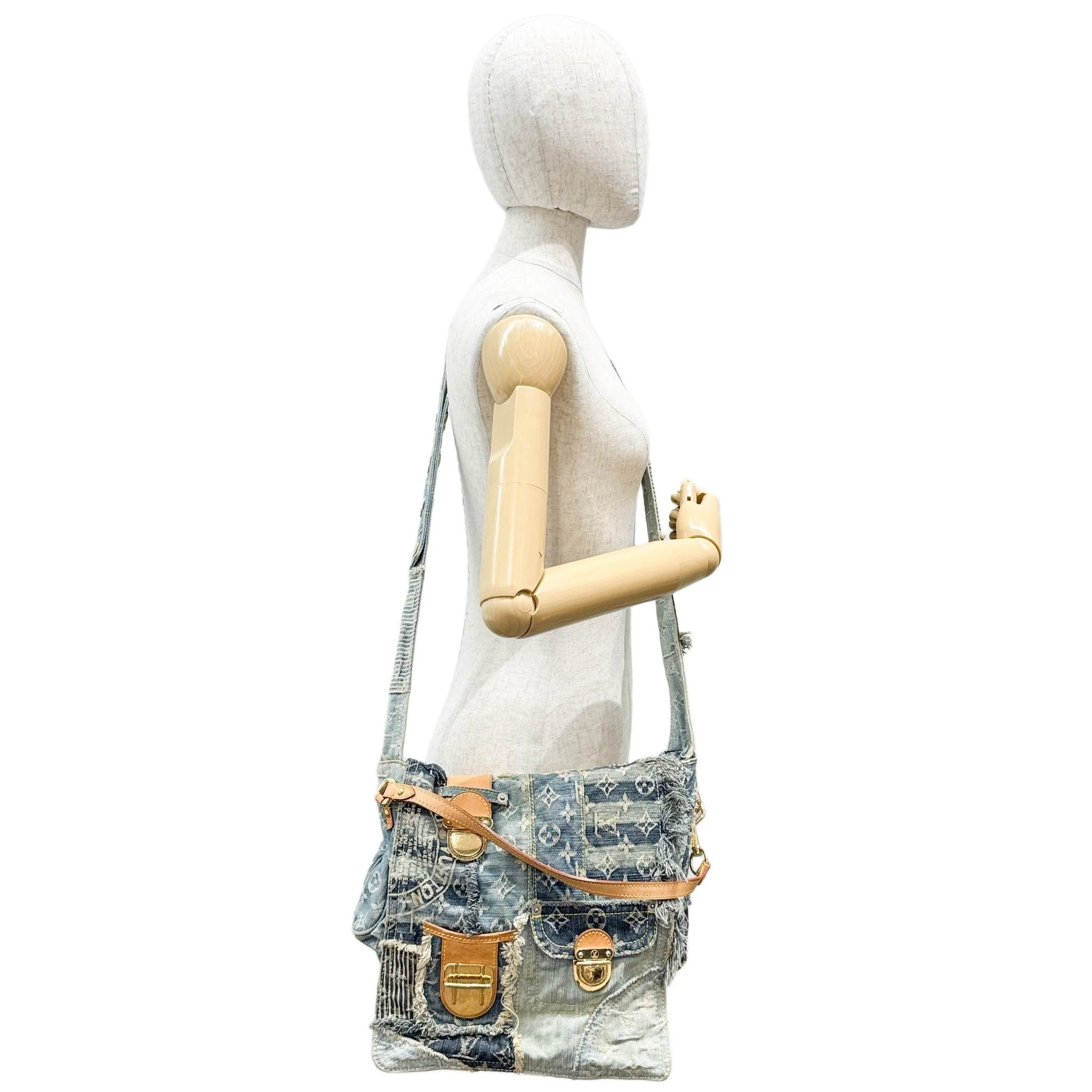 Posty Patchwork Blue Monogram Denim Two Way Messenger Bag - Image 3