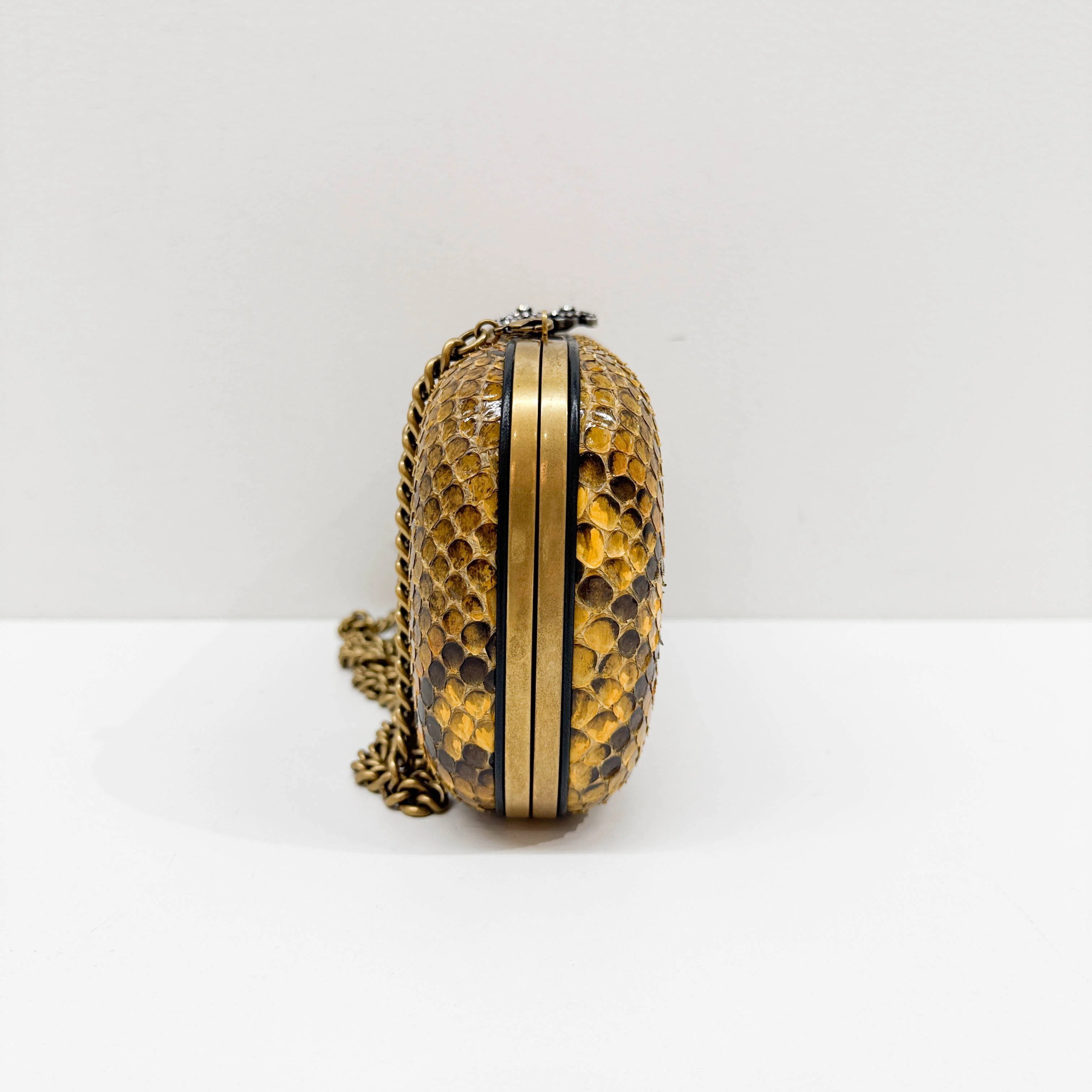 Rhinestone Butterfly Lock Black & Yellow Python Print Embossed Leather Crossbody Bag - Image 4