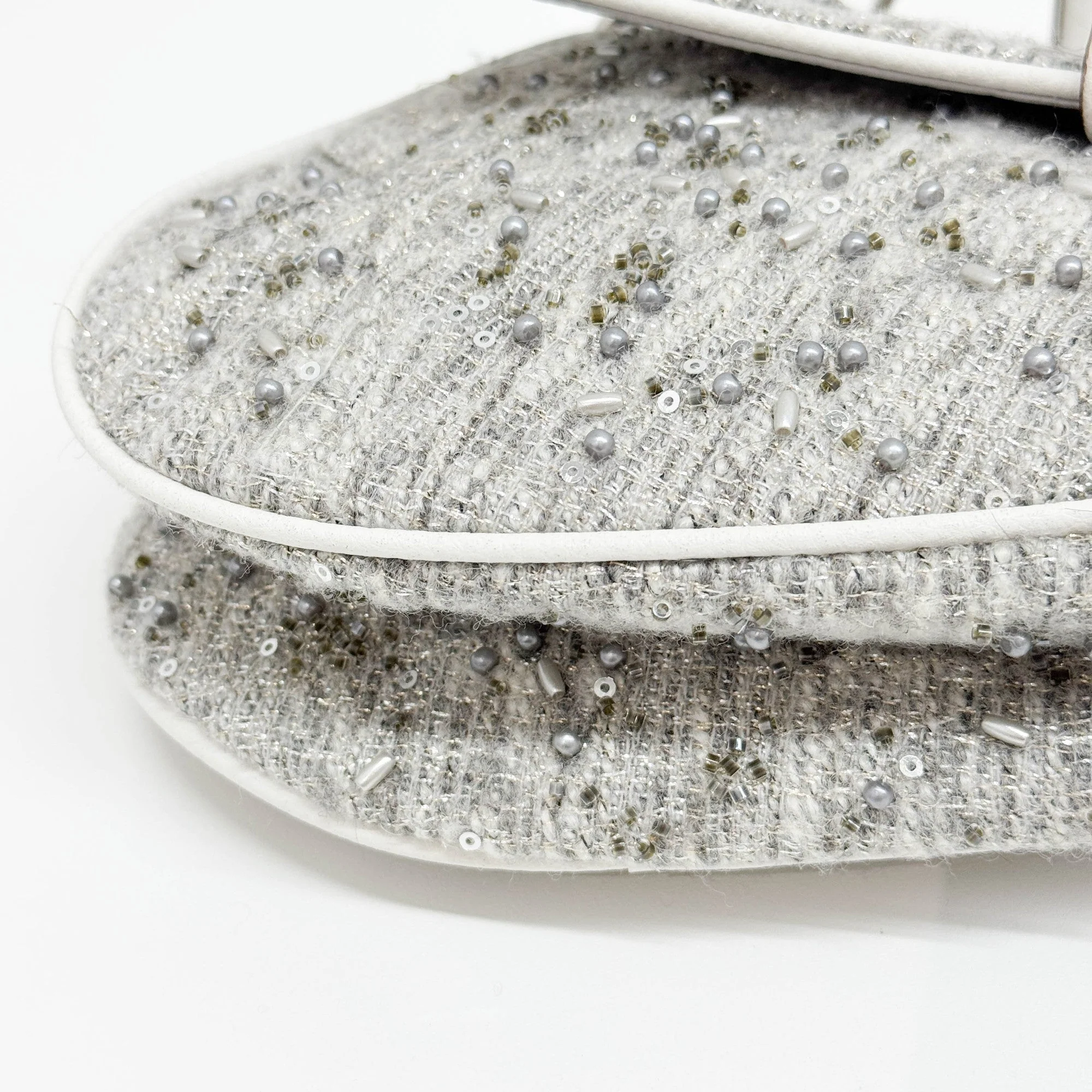 Saddle Beaded and Sequined Gray Tweed Shoulder Bag - Image 12
