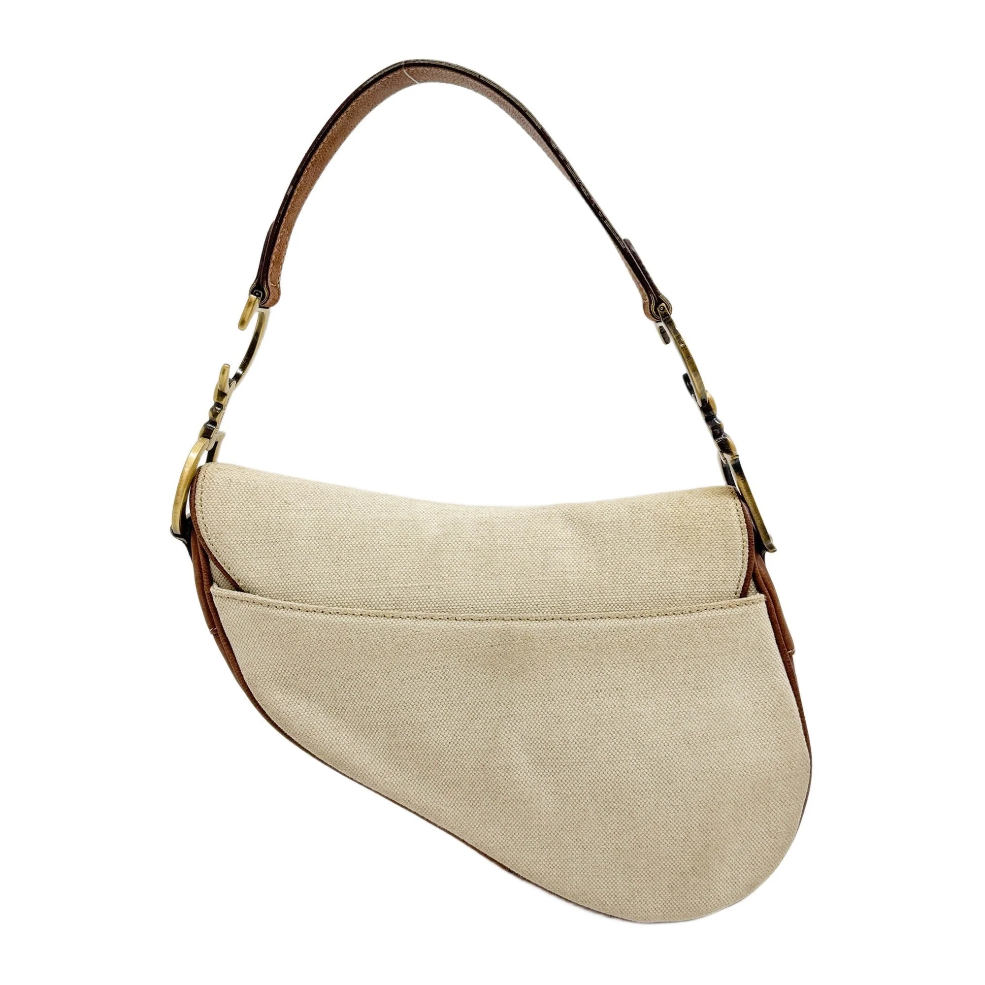 Saddle Brown Leather and Beige Cotton Canvas Shoulder Bag - Image 2