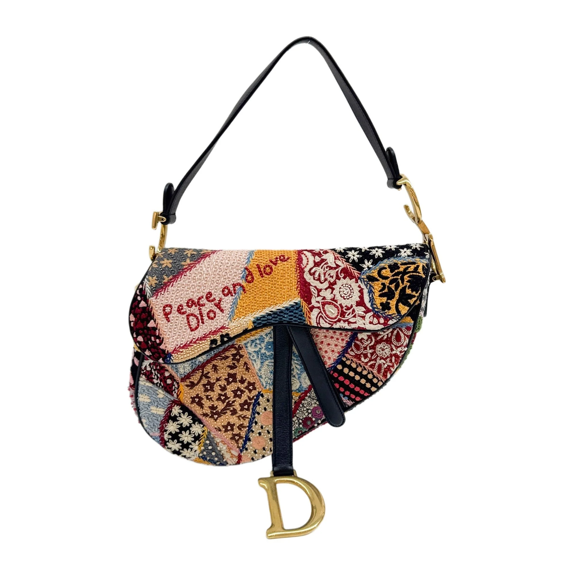 Saddle Peace and Love Embroidered Multicolor Patchwork Cotton Shoulder Bag