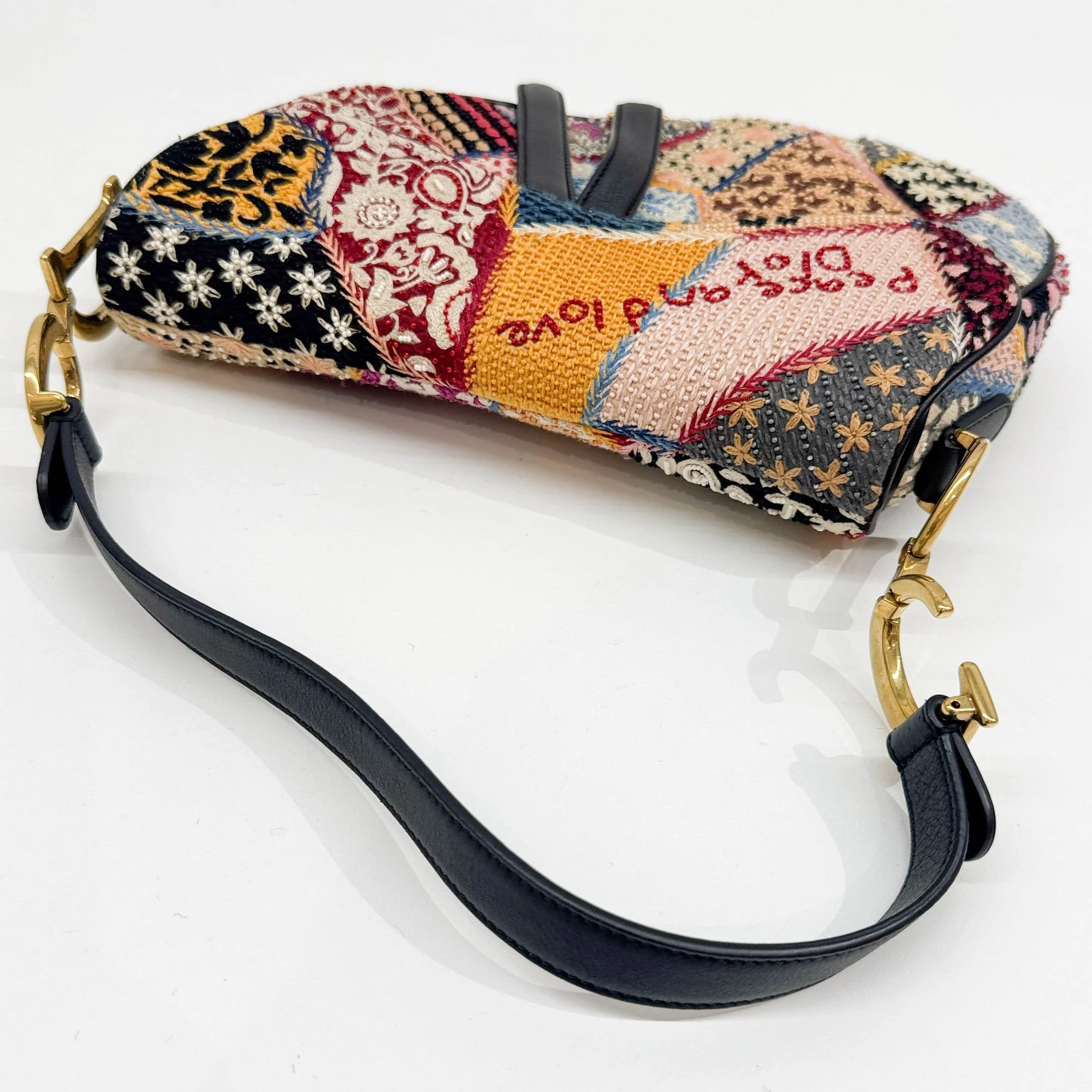 Saddle Peace and Love Embroidered Multicolor Patchwork Cotton Shoulder Bag - Image 6