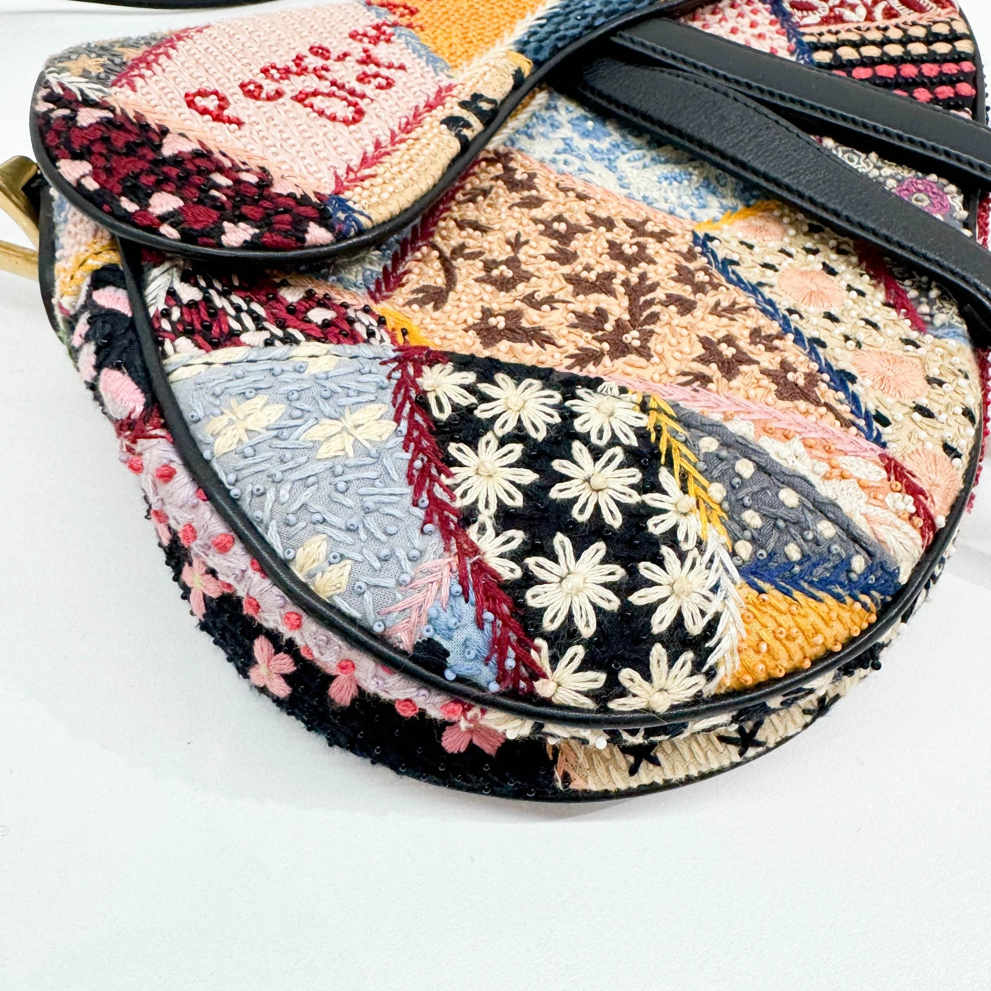 Saddle Peace and Love Embroidered Multicolor Patchwork Cotton Shoulder Bag - Image 8