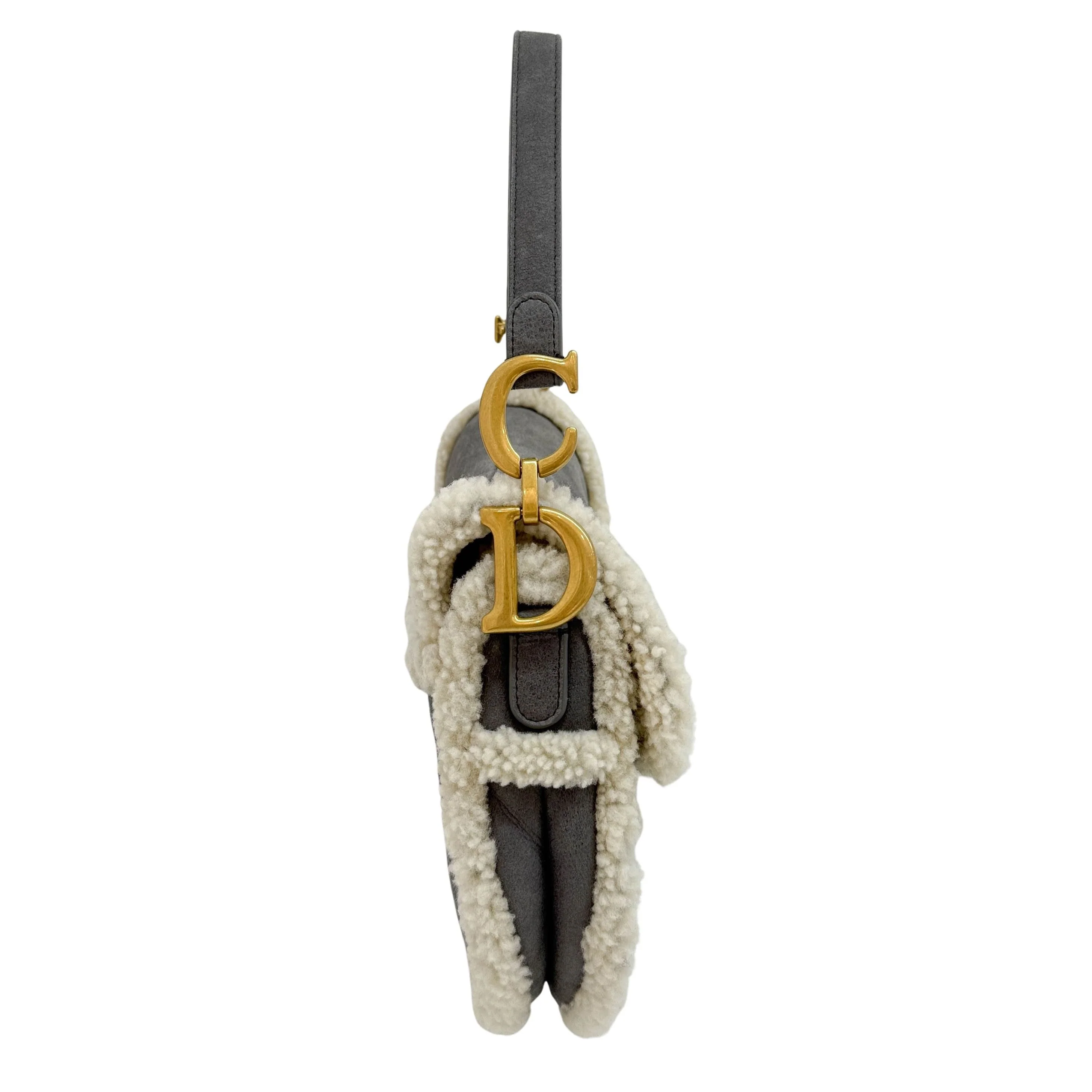 Sddle Shearling Trim Gray Suede Shoulder Bag - Image 4
