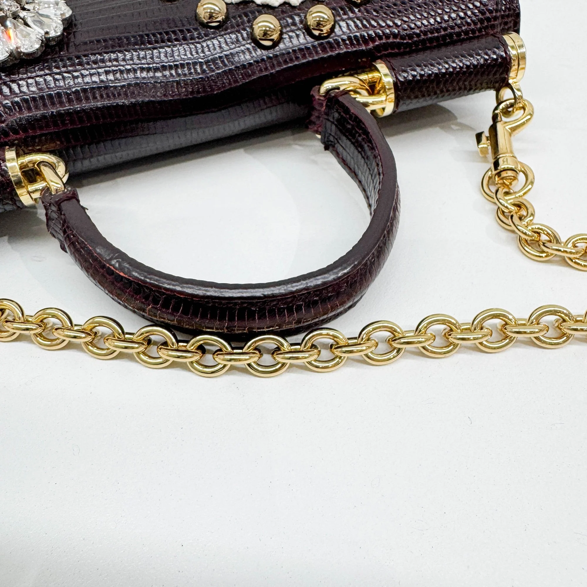 Sicily Von Bag in Red Wine Lizard Leather with Embroidery Details - Image 9