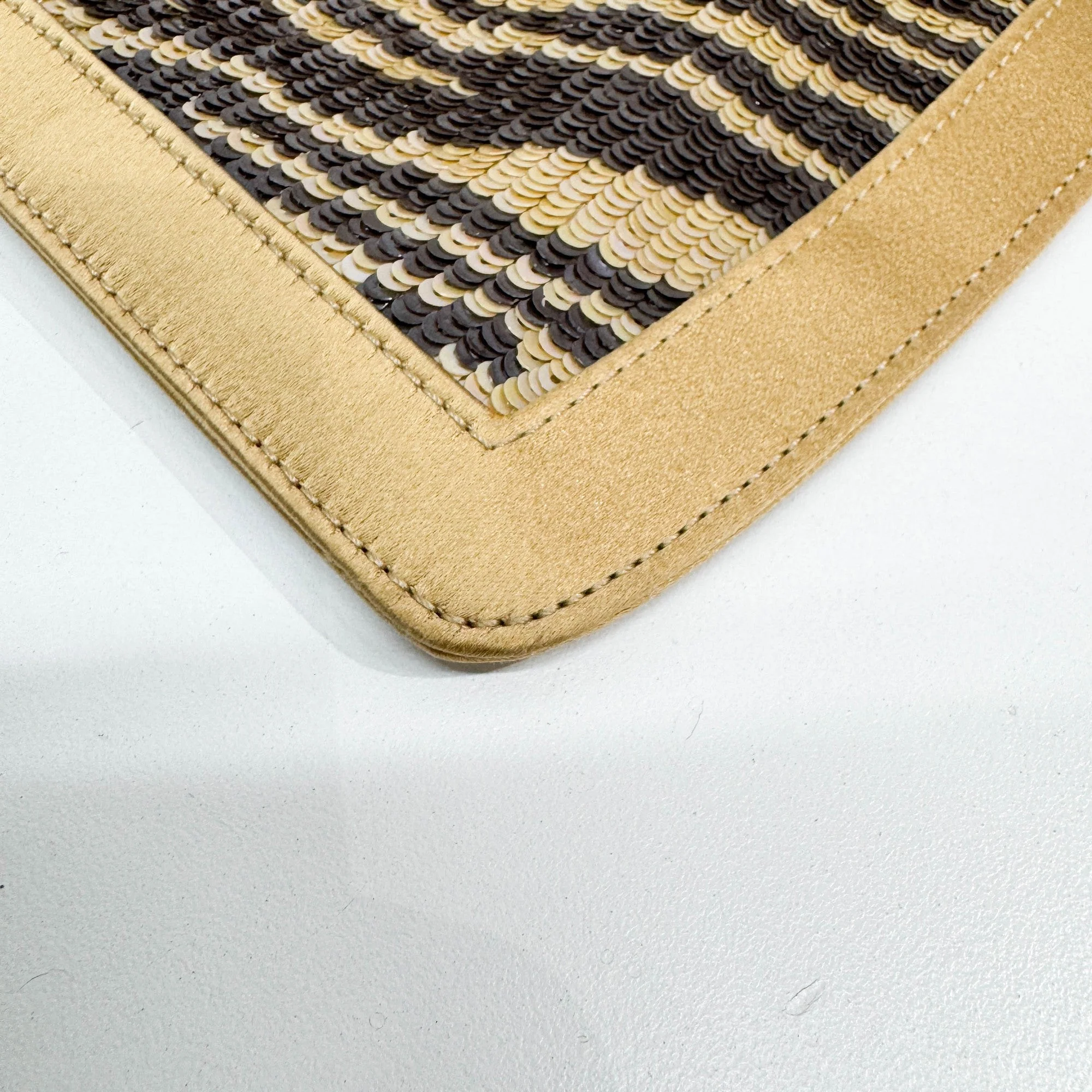Silk Frame Gold and Brown Zebra Print Sequin Hand Bag - Image 11